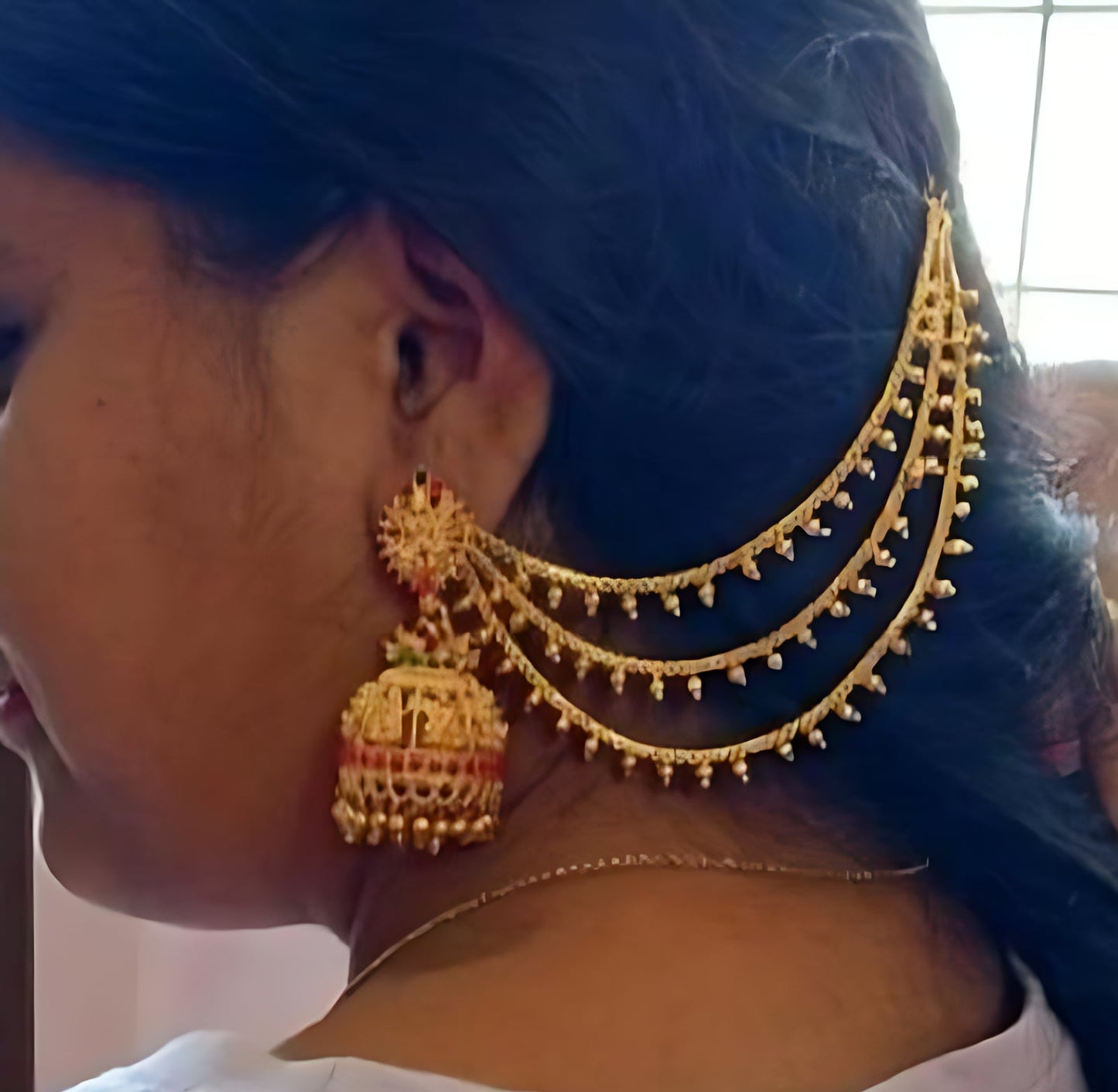 Jewel City Antique Gold Temple Jhumka Earrings - Traditional South Indian Wedding Jewelry Set with Ear Chain | Swadesiicart