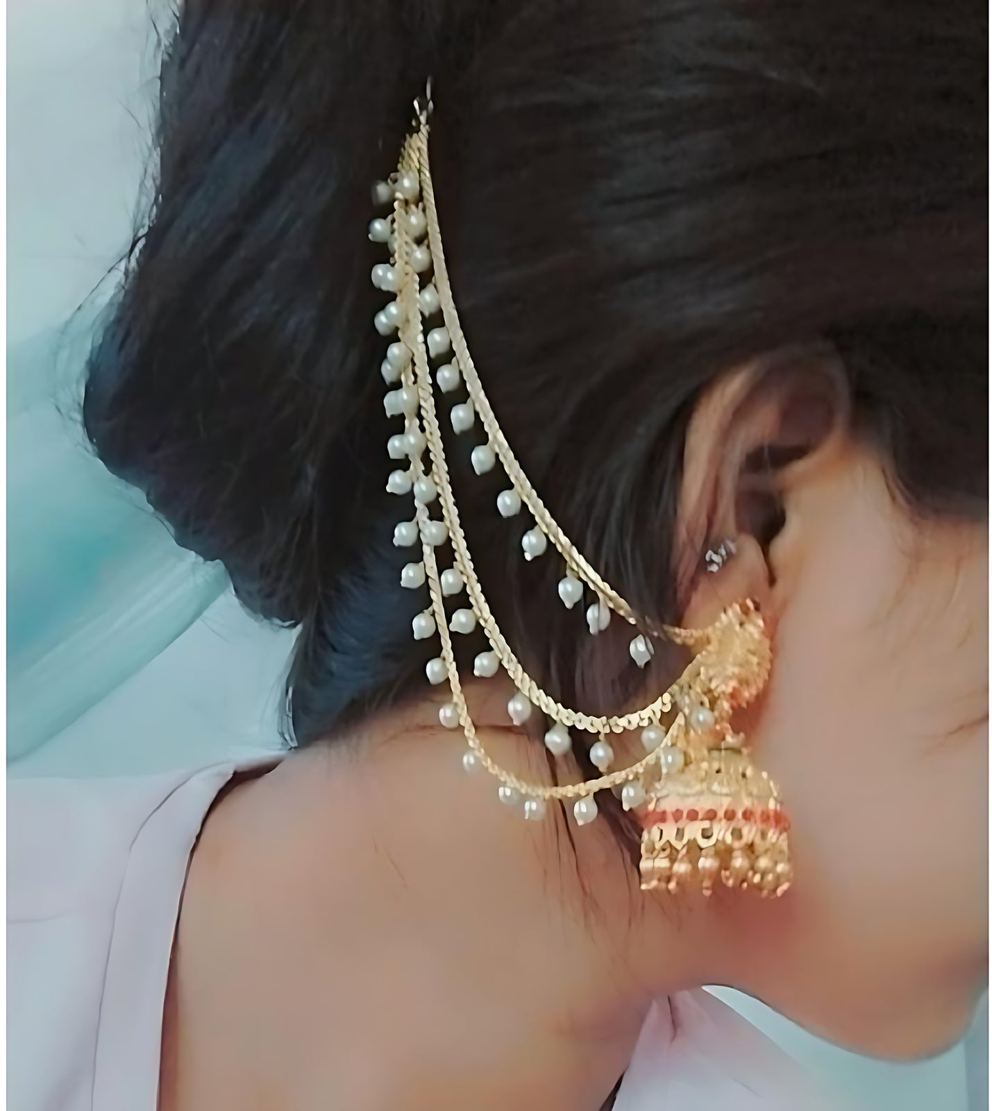 Jewel City Temple Lakshmi Design Jhumka with Pearl Ear Chain - Antique Gold South Indian Traditional Earring | Swadesiicart