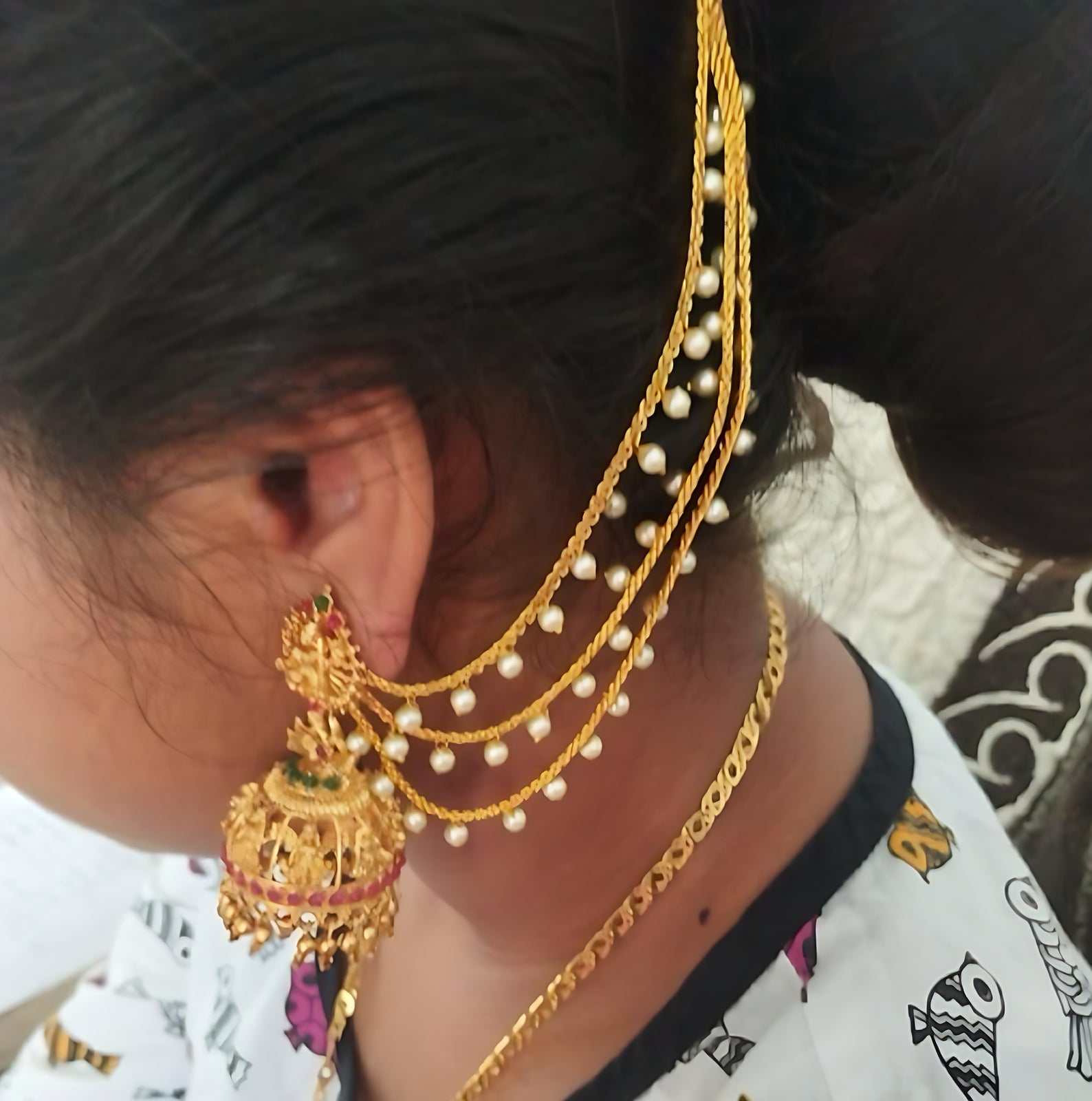 Jewel City Temple Lakshmi Design Jhumka with Pearl Ear Chain - Antique Gold South Indian Traditional Earring | Swadesiicart