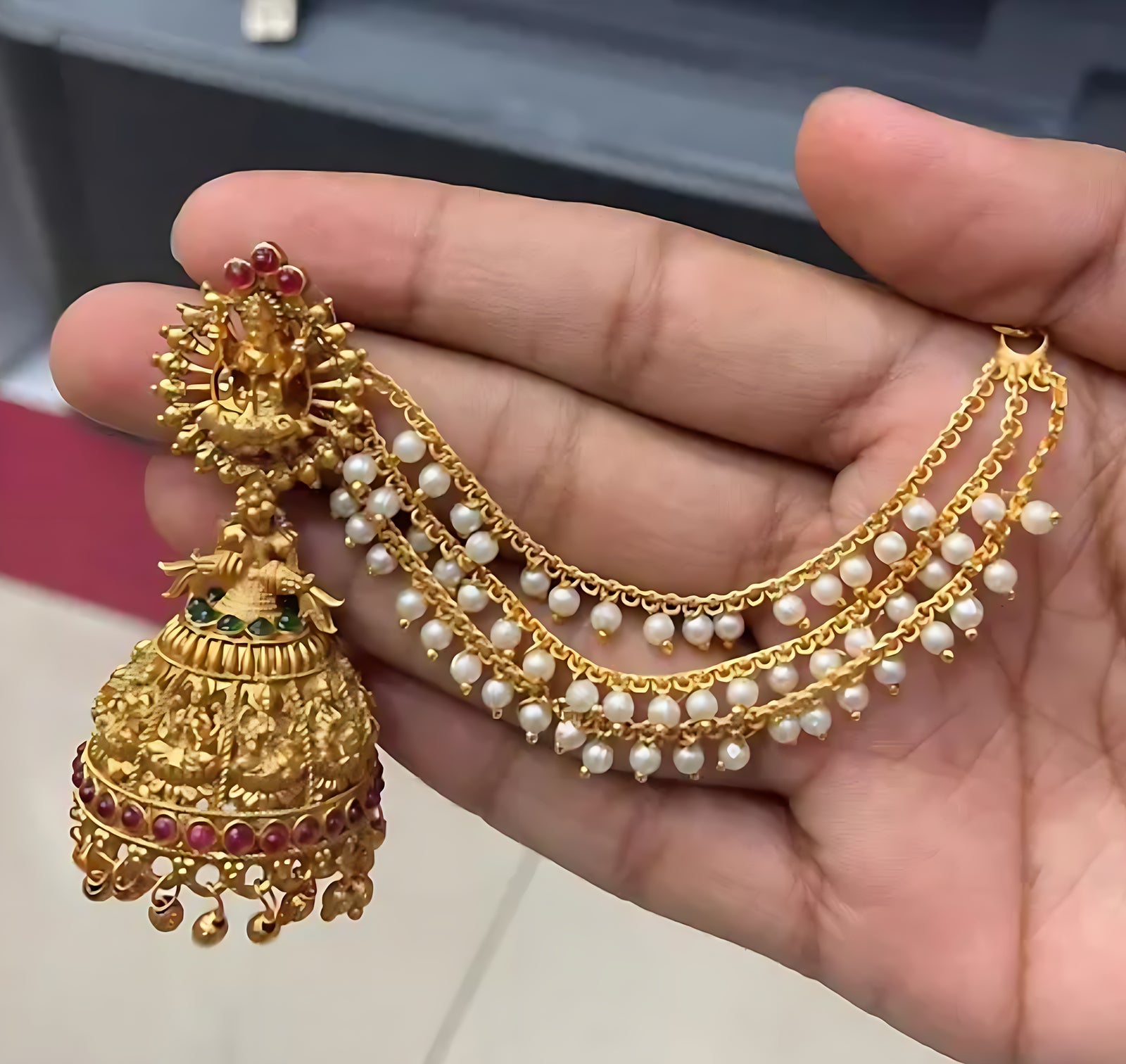 Jewel City Temple Lakshmi Design Jhumka with Pearl Ear Chain - Antique Gold South Indian Traditional Earring | Swadesiicart