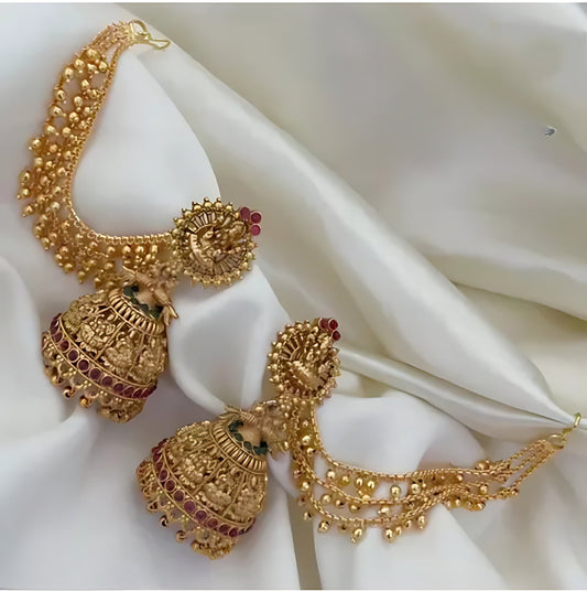 Jewel City Antique Gold Temple Jhumka Earrings - Traditional South Indian Wedding Jewelry Set with Ear Chain | Swadesiicart