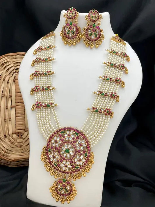 Jewel City Traditional Gold-Plated Pearl Kundan Bridal Necklace Set with Earrings | Ethnic Multi-Layered Rani Haar Jewelry | Swadesiicart