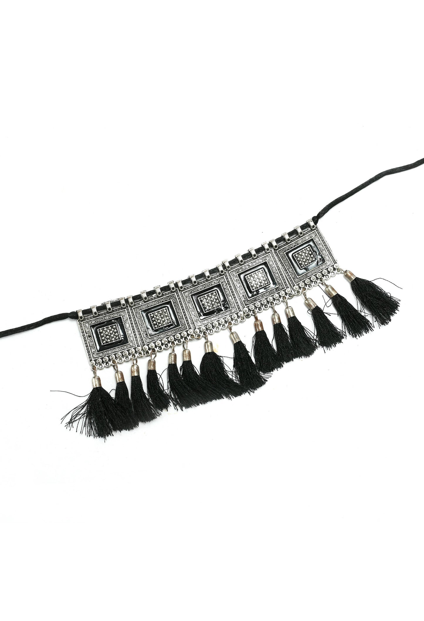 Mominos Fashion Johar Kamal Oxidised Silver-Plated Brass Finish Tassel Work Handicraft Choker For Women (Black) | Swadesiicart