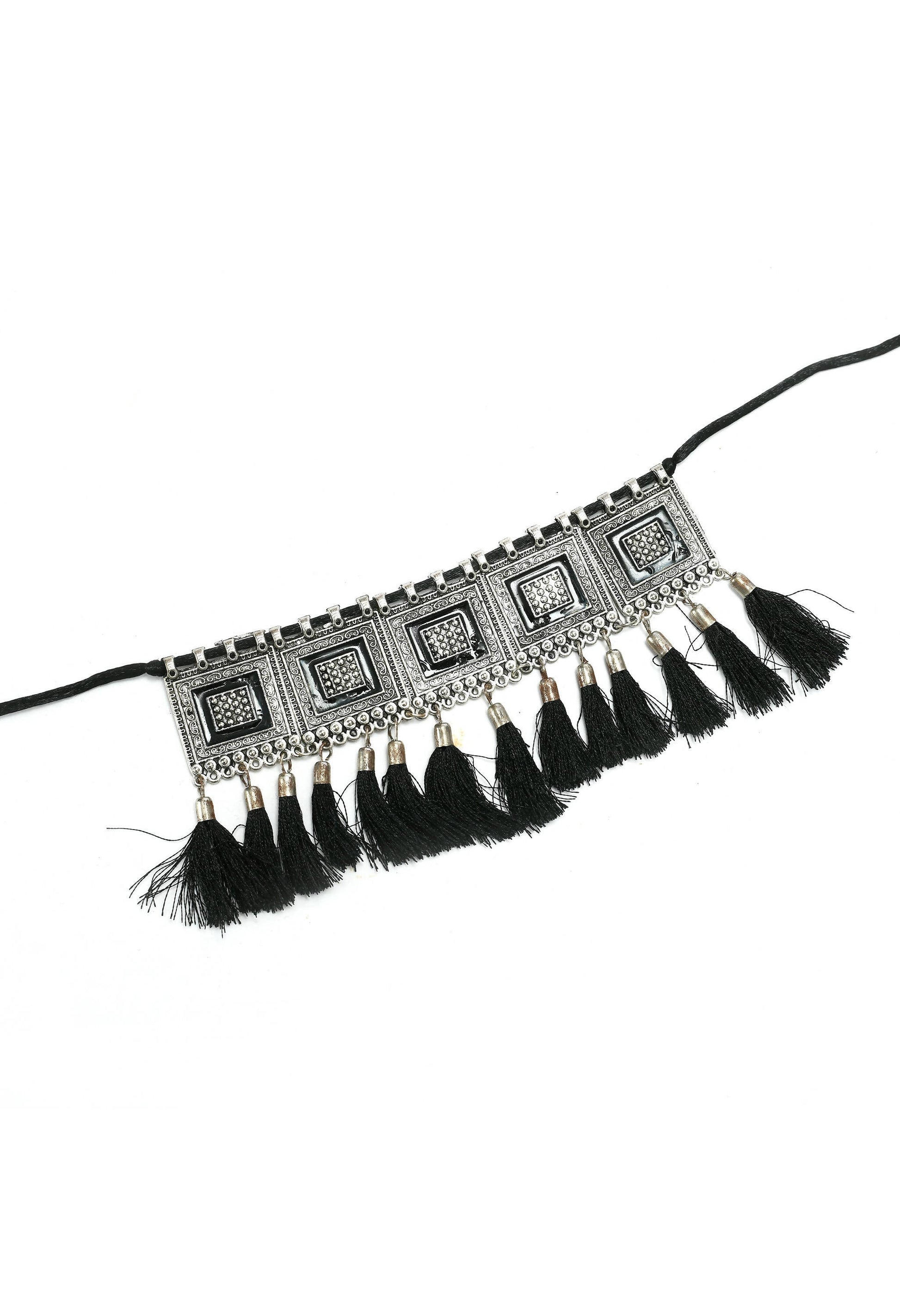 Mominos Fashion Johar Kamal Oxidised Silver-Plated Brass Finish Tassel Work Handicraft Choker For Women (Black) | Swadesiicart