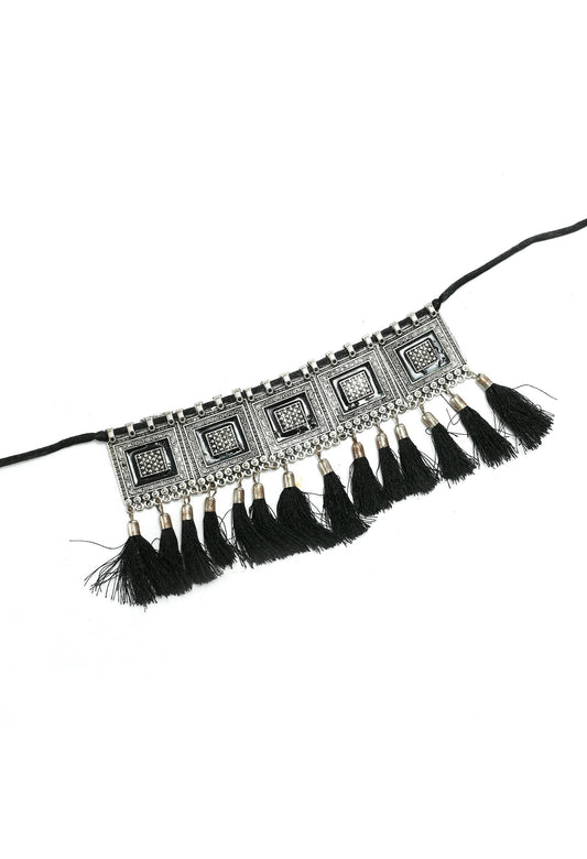 Mominos Fashion Johar Kamal Oxidised Silver-Plated Brass Finish Tassel Work Handicraft Choker For Women (Black) | Swadesiicart