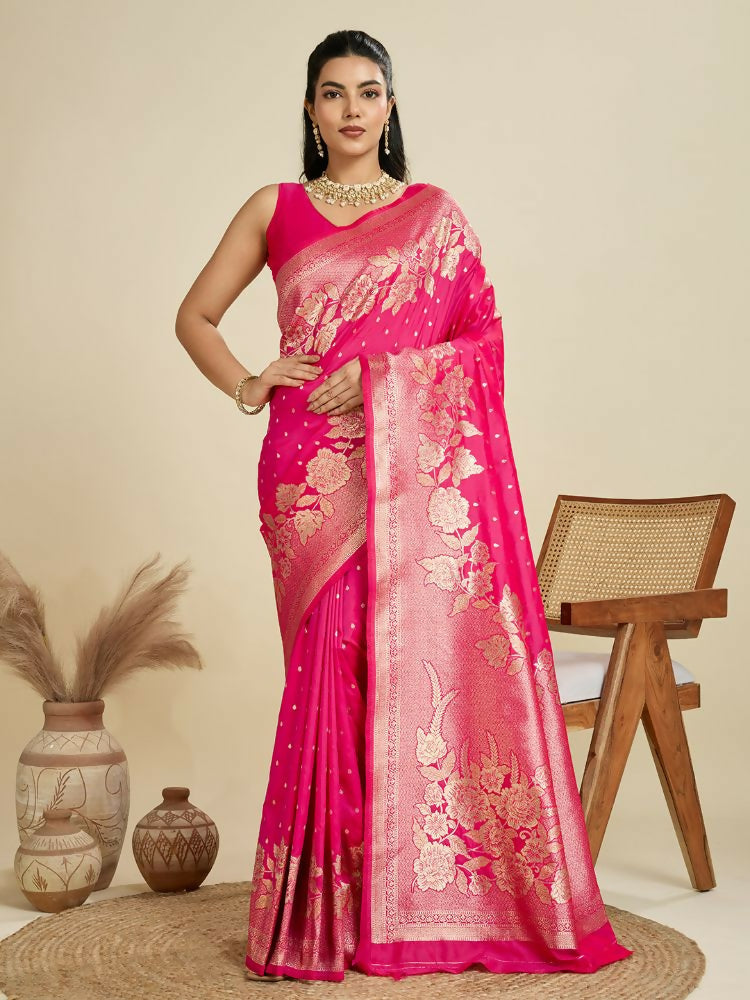 Vishnu Weaves Women's Pink Banarasi Silk Zari Woven Saree with Blouse - Swadesiicart