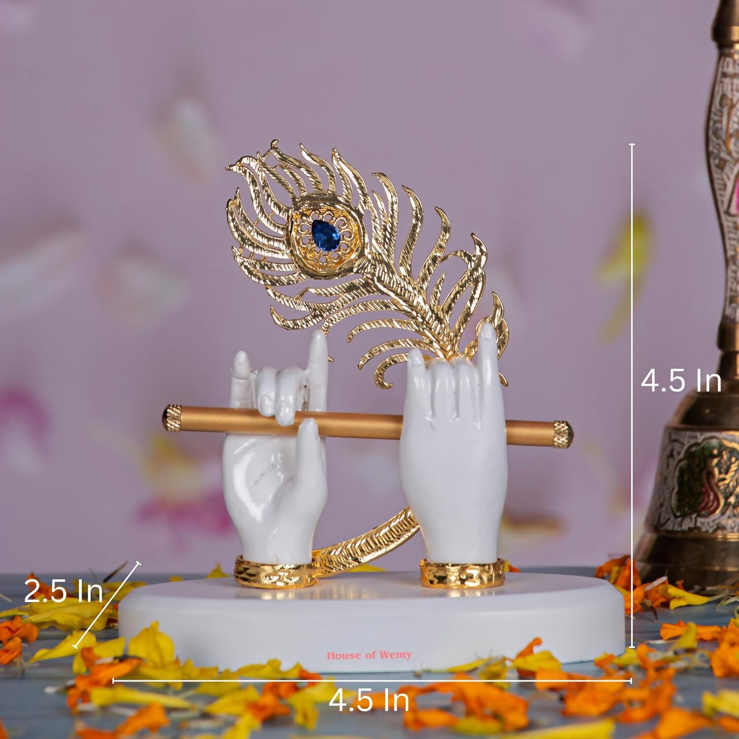 House Of Wemy Gold-Polished Melody Krishna Hands Idol with Flute and Peacock Feather - White - Swadesiicart