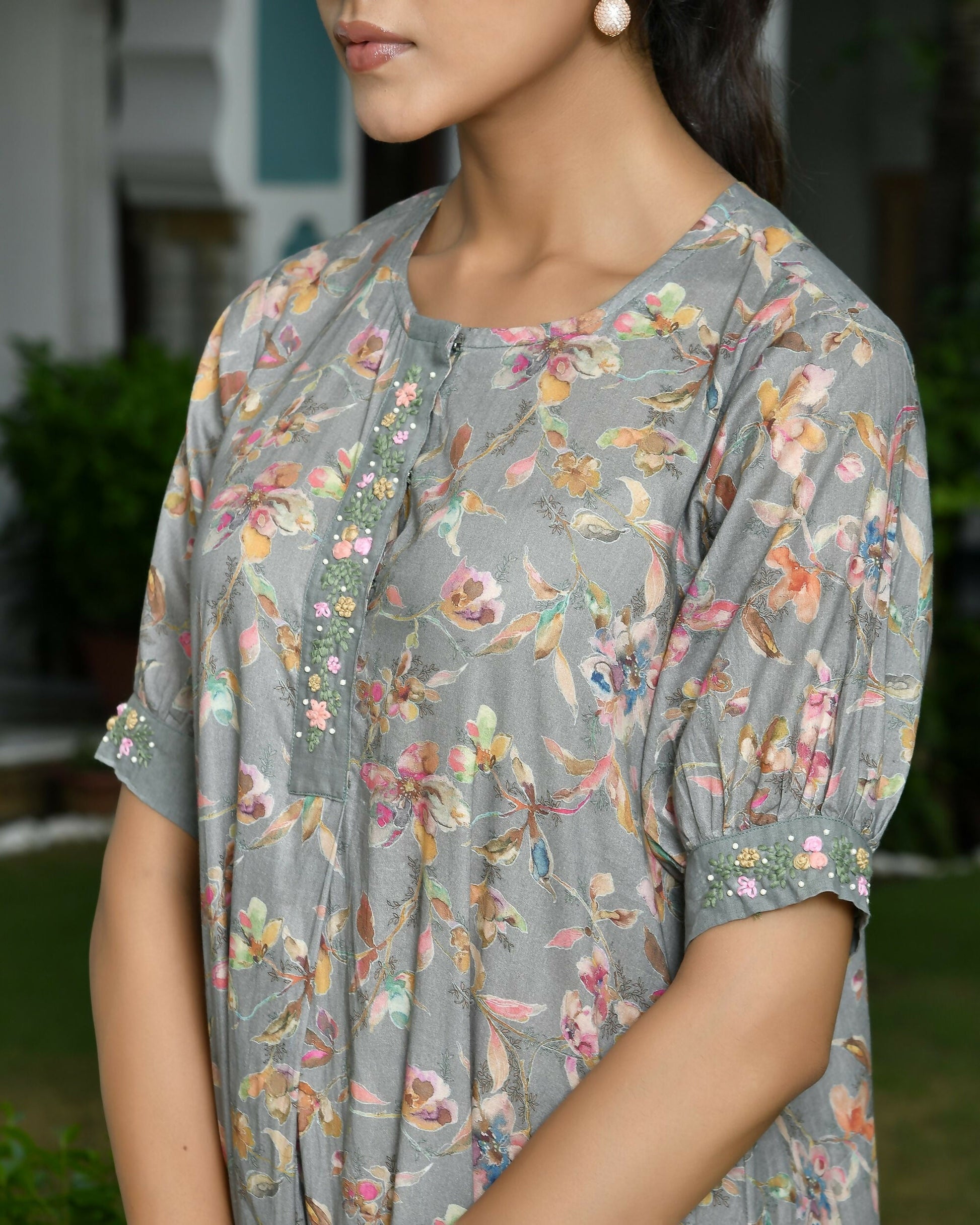 Vaasva Women's Grey Cotton Digital Printed Embroidered Placket Dress | Swadesiicart