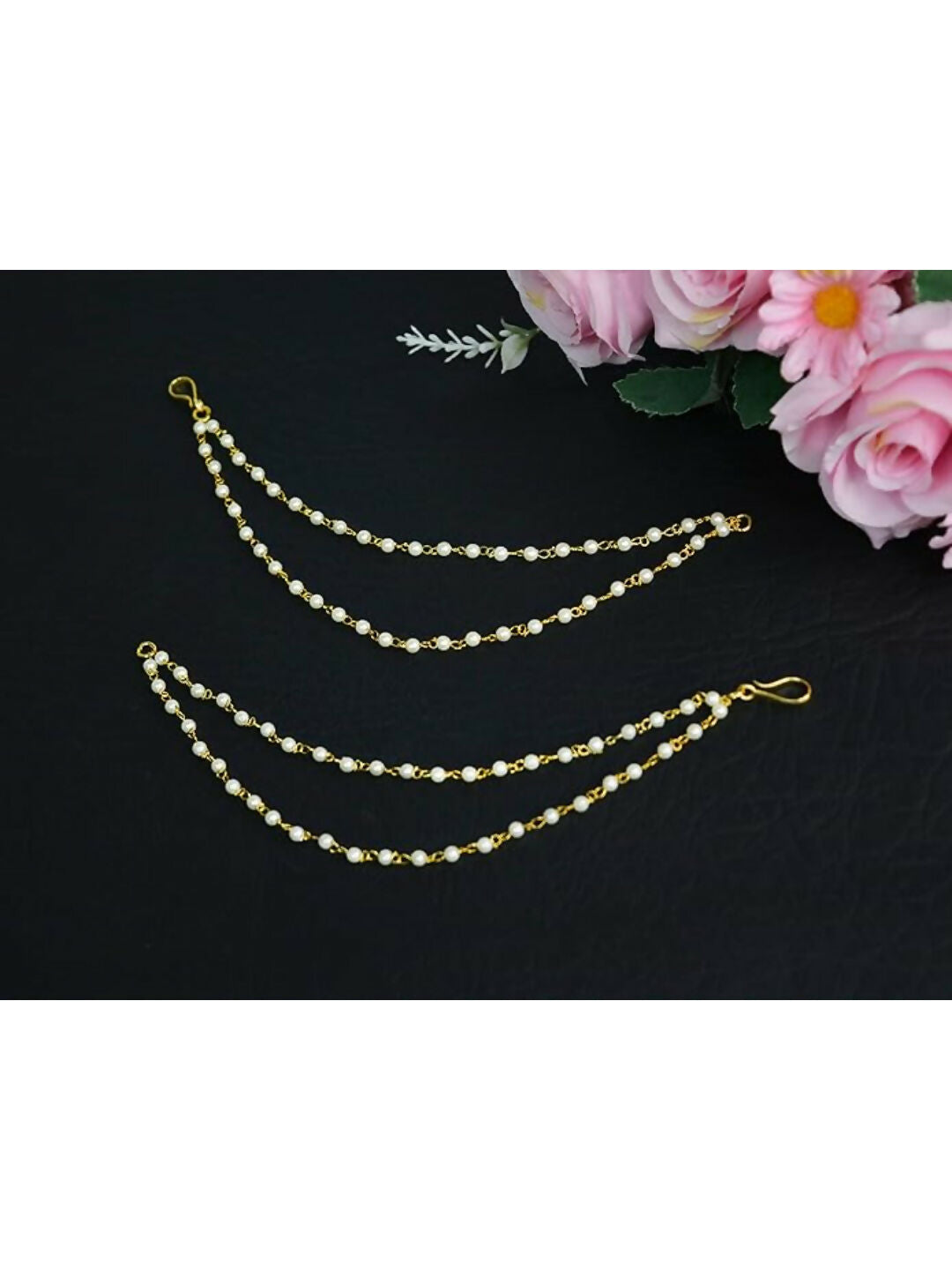 NVR Pearl Studded Classic Gold-Polished 2 Line Ear Chain Ear Cuff | Swadesiicart