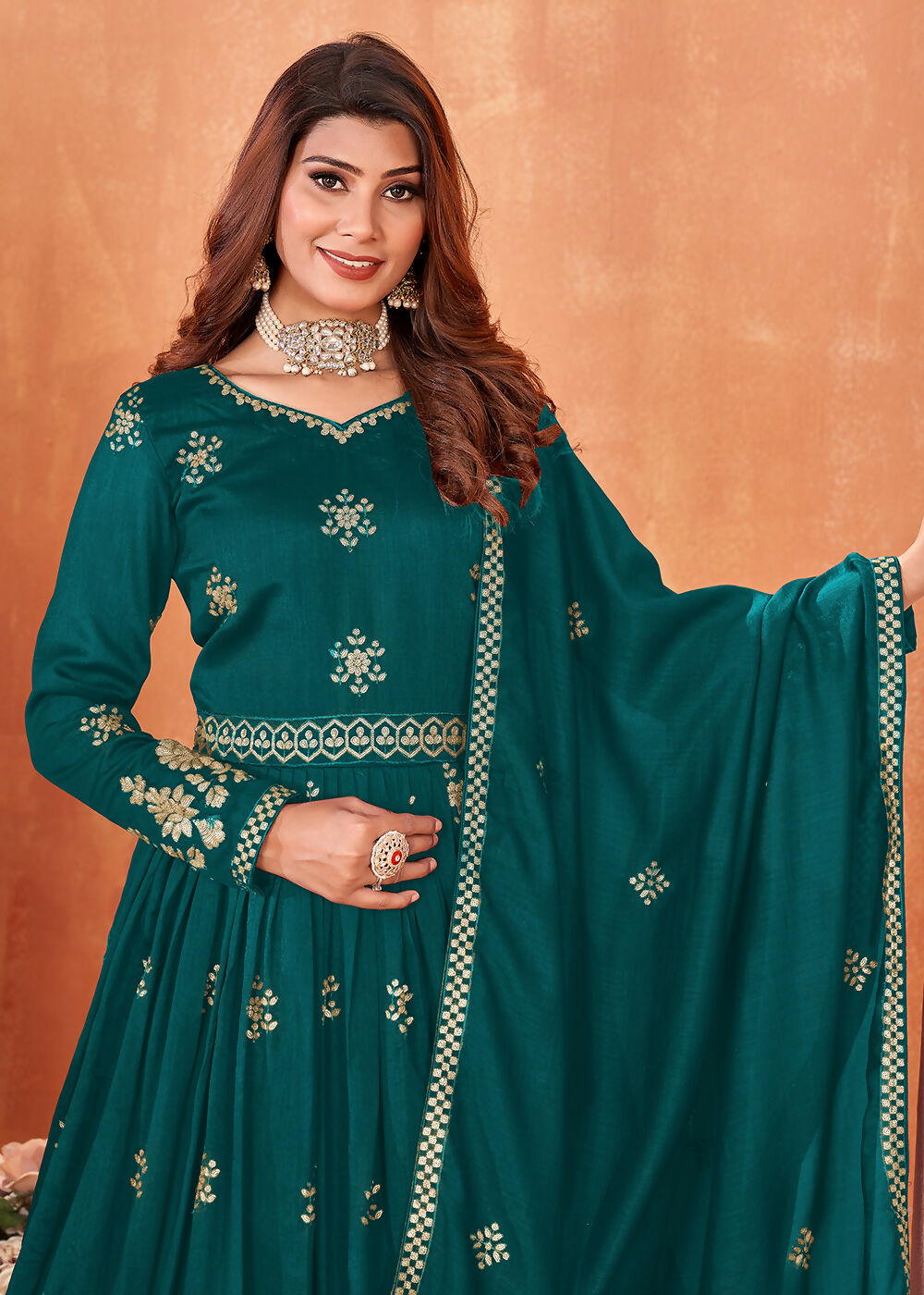 Rama Green Festive Embroidered Art Silk Anarkali Suit - Emponline | Swadesiicart