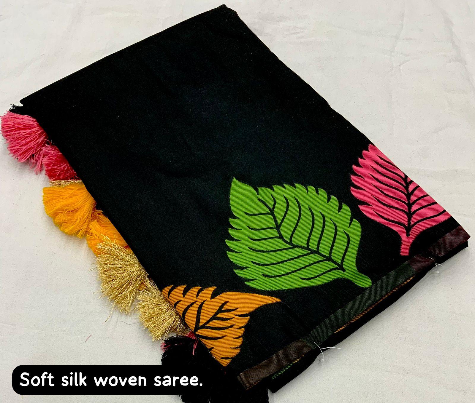 Black Pure Silk Woven Design Saree with Unstitched Blouse - Hiral Fashion | Swadesiicart