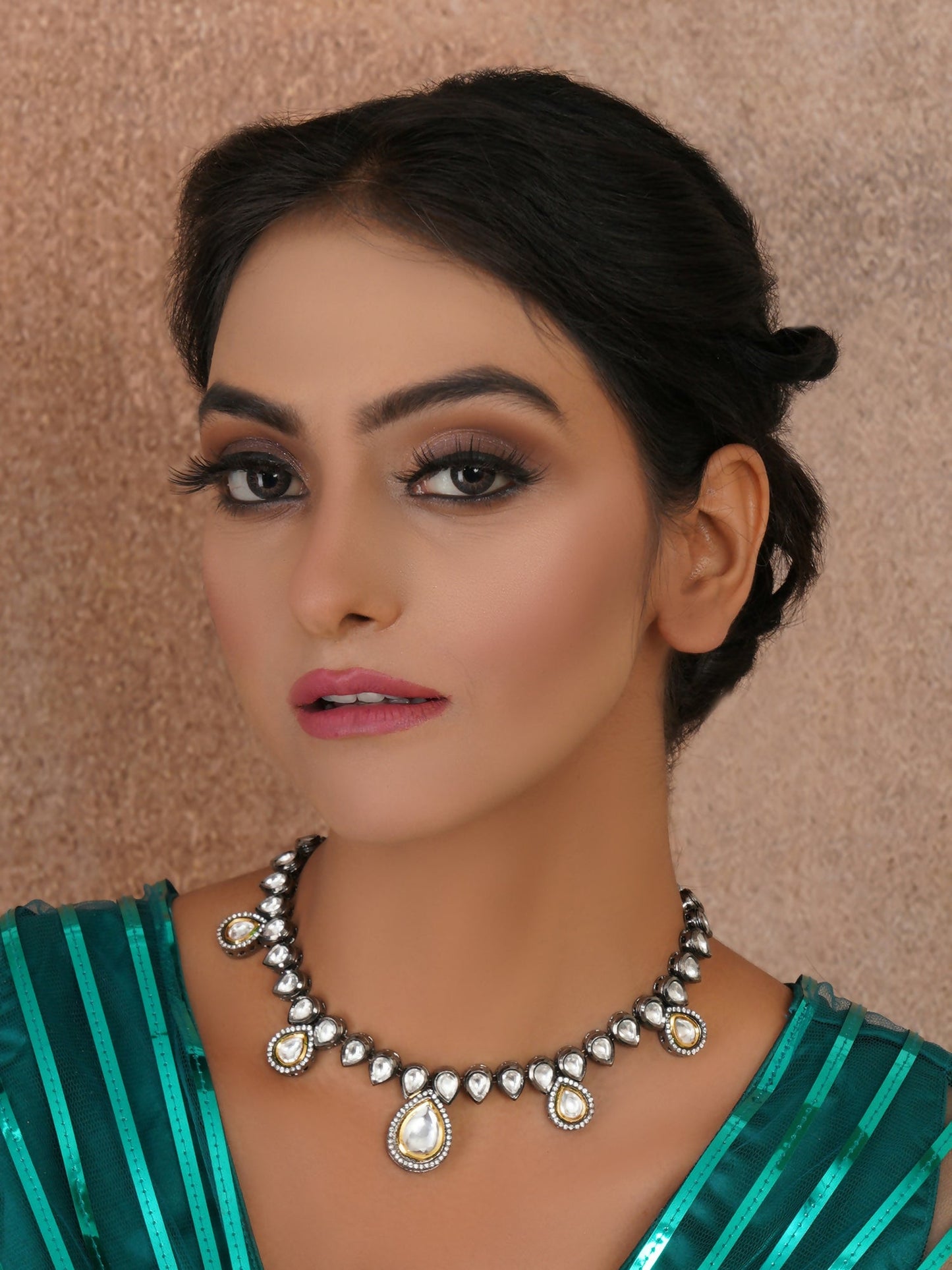 Dual Tone Kundan Neckpiece (silver) - Ruby Raang | Swadesiicart