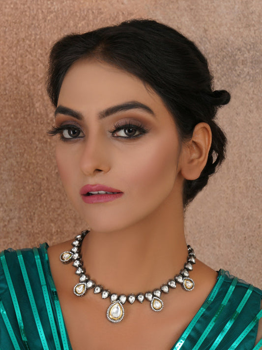 Dual Tone Kundan Neckpiece (silver) - Ruby Raang | Swadesiicart