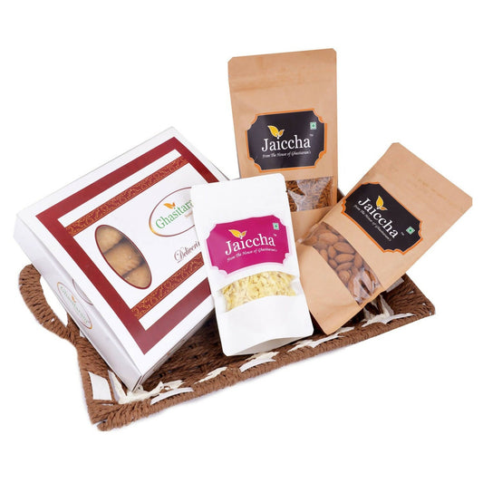 Ghasitaram Brown and White Basket Sugarfree Gujiya, Chiwda, Flavoured Almonds, Nachini Sev Pouches - Altcheeni