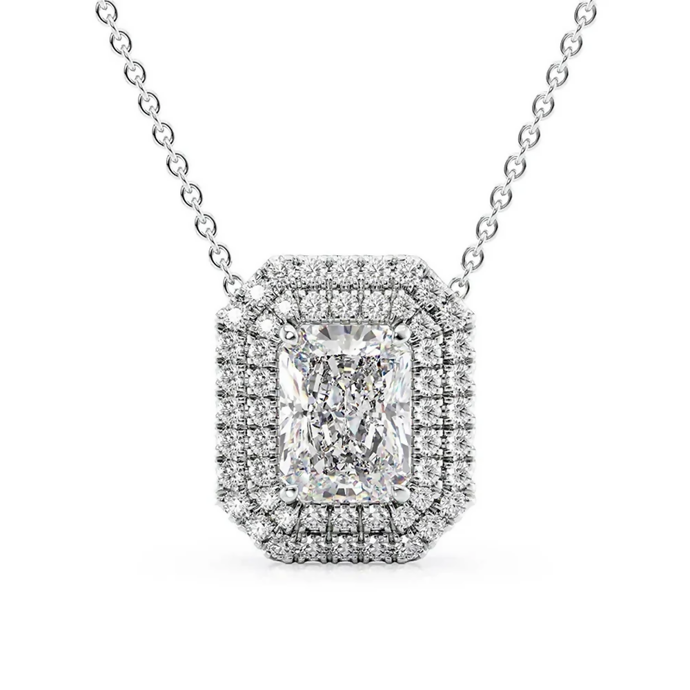 Cauer Elegant Radiant Moissanite Pendant Chain 14K Sterling Silver White Gold Plated | Swadesiicart