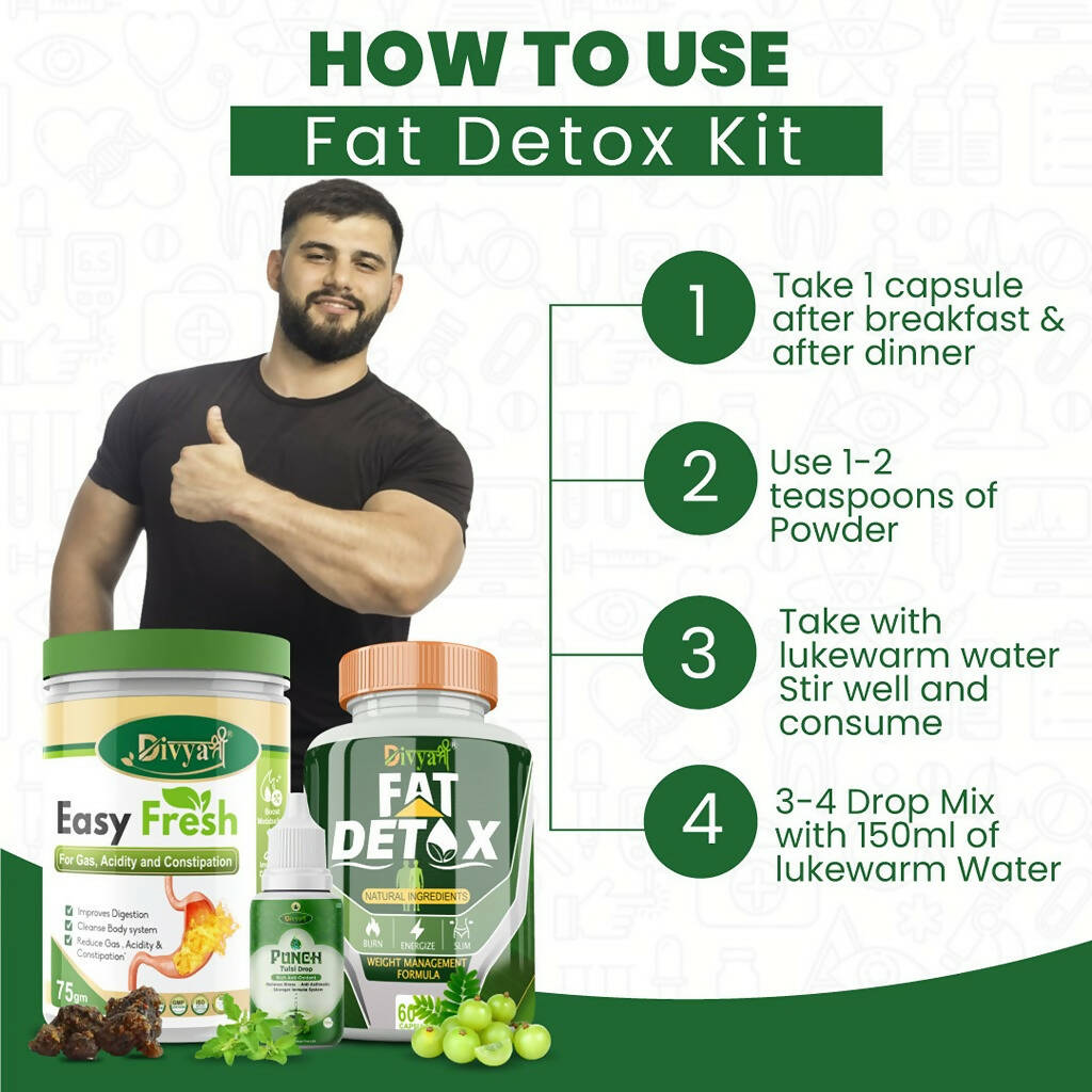 Divya Shree Fat Detox Capsule + Easy Fresh Powder & Punch Tulsi Drop Gas Combo Kit - Swadesiicart