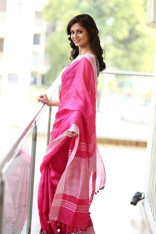 Very Much Indian Pure Linen Saree With Sleek Border And Exclusive Design - Pink | Swadesiicart