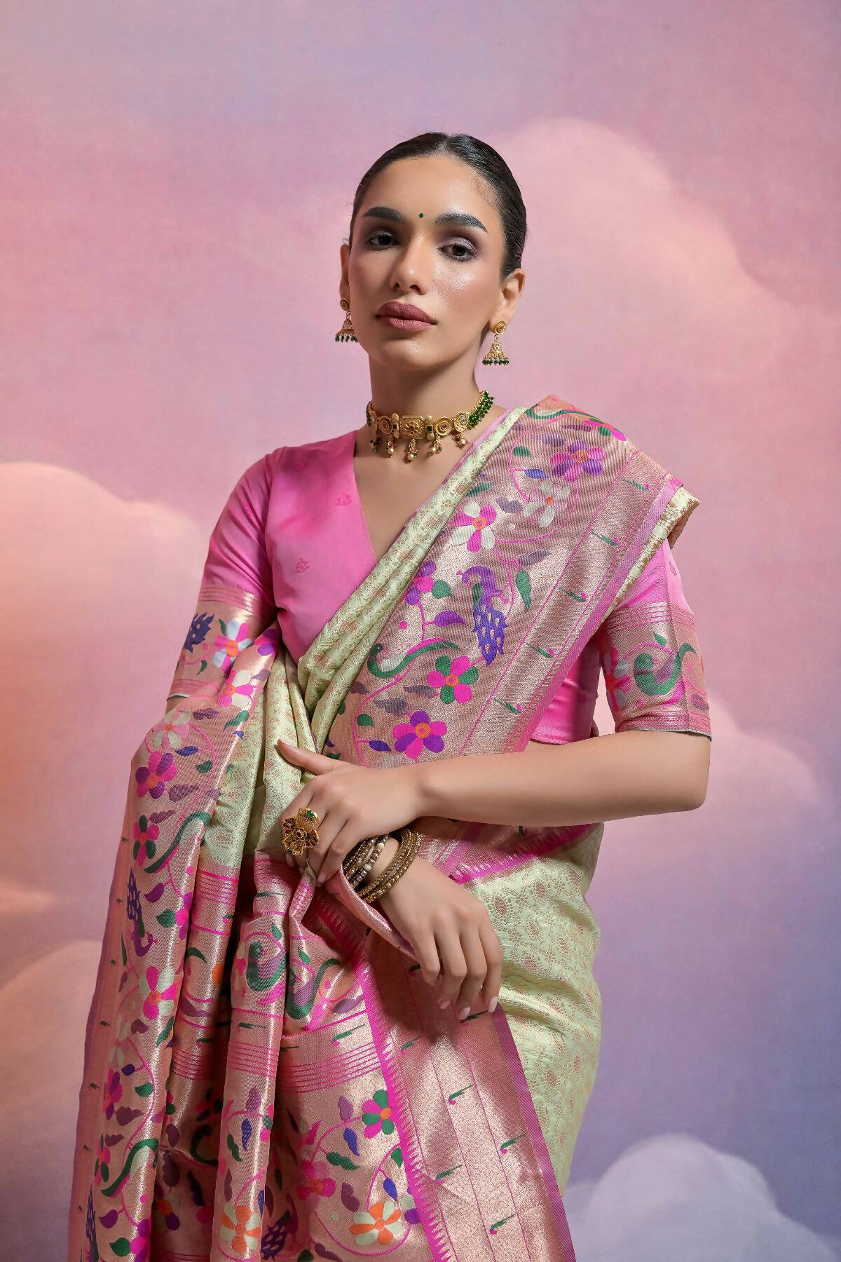 Vishnu Weaves Women's Pista Paithani Silk Zari Woven Saree with Blouse - Swadesiicart
