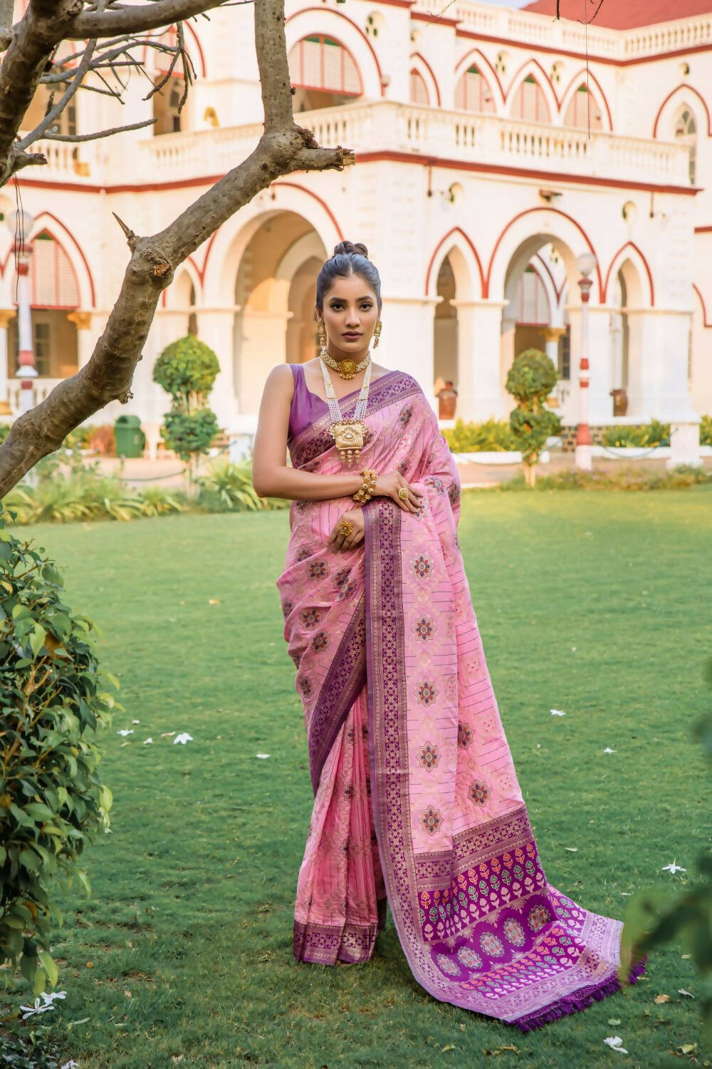 Vishnu Weaves Women's Baby Pink Patola Banarasi Silk Meenakari Zari Woven Saree with Blouse - Swadesiicart