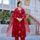 The52 Red Beautiful Embroidered Chanderi Fabric Flared Kurta, Pant and Dupatta Set - Swadesiicart
