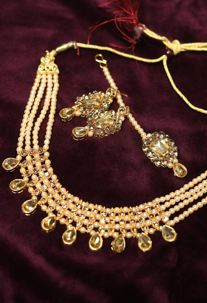 Tehzeeb Creations Golden Plated Necklace With Stone And Pearl Studded | Swadesiicart