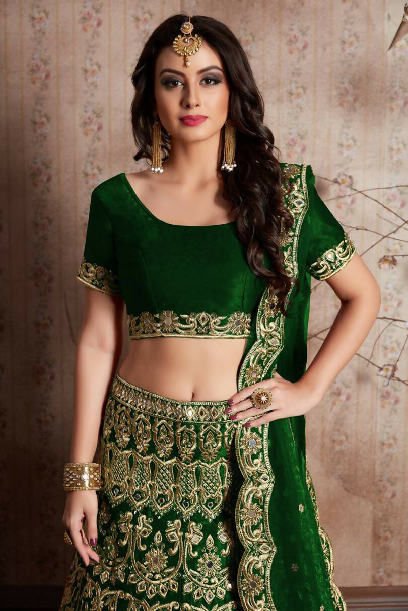 Jyoti Fashion Mesmerizing Green Sequins Embroidered Velvet Lehenga Choli with Dupatta | Swadesiicart