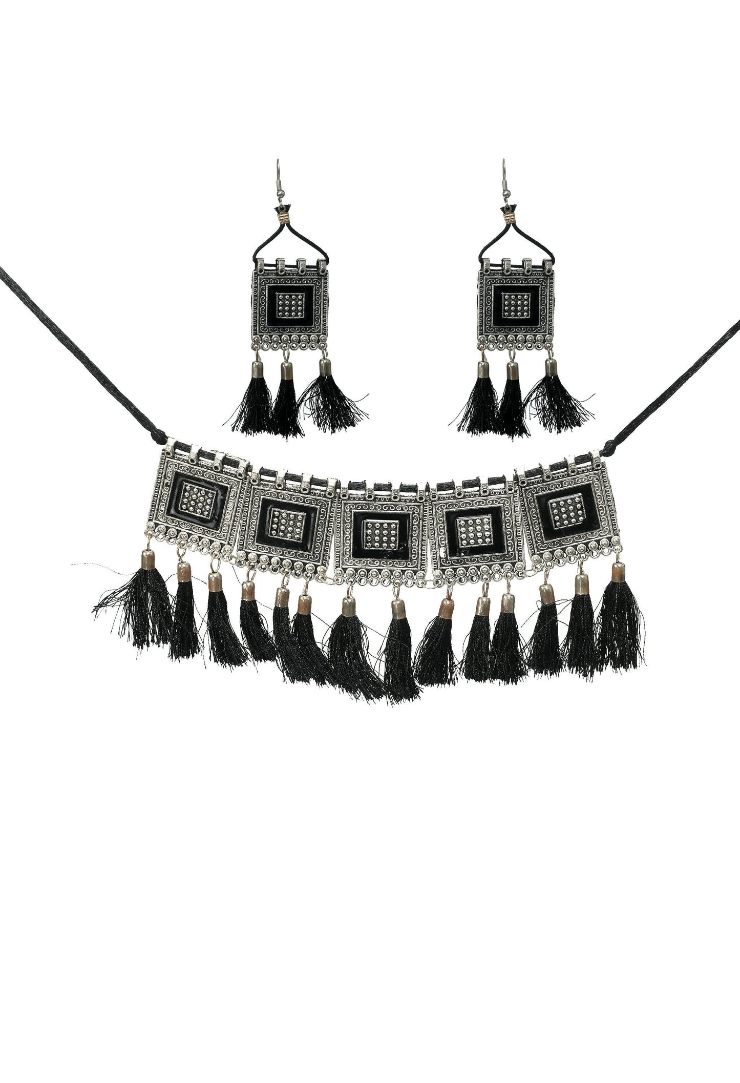 Mominos Fashion Johar Kamal Oxidised Silver-Plated Brass Finish Tassel Work Handicraft Choker For Women (Black) | Swadesiicart