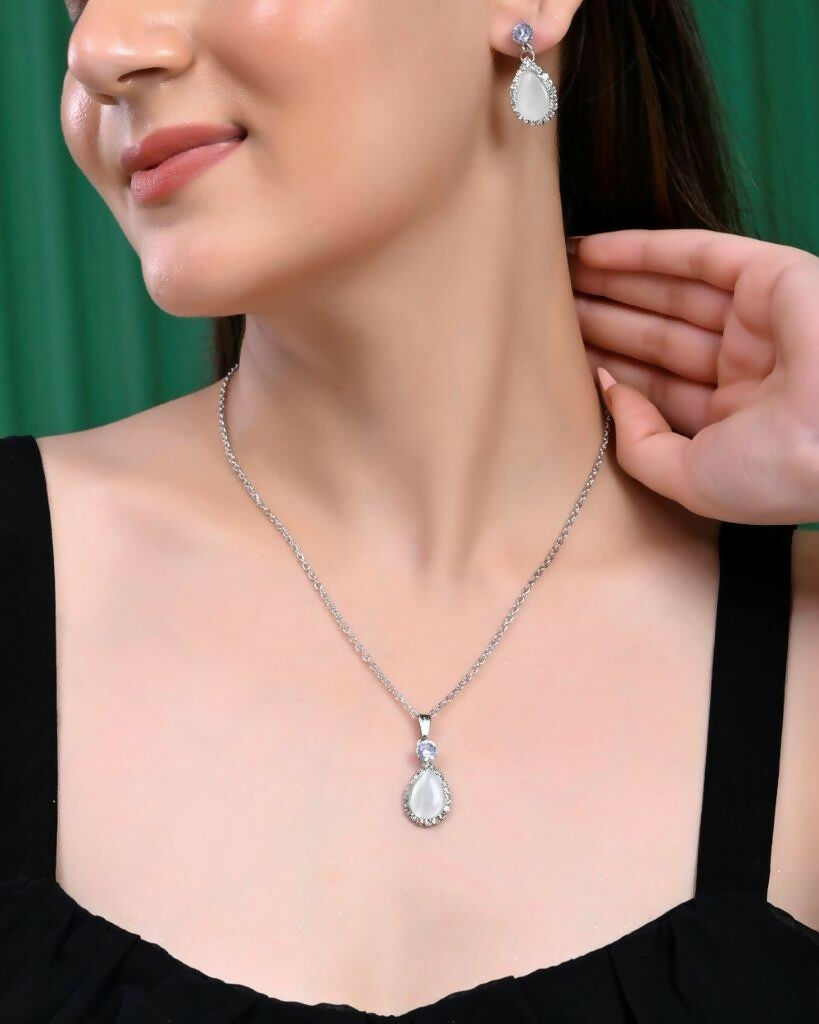 VOJ Silver Plated White Stone With AD Stone Studded Chain Set - VOJ (Valley Of Jewellery)