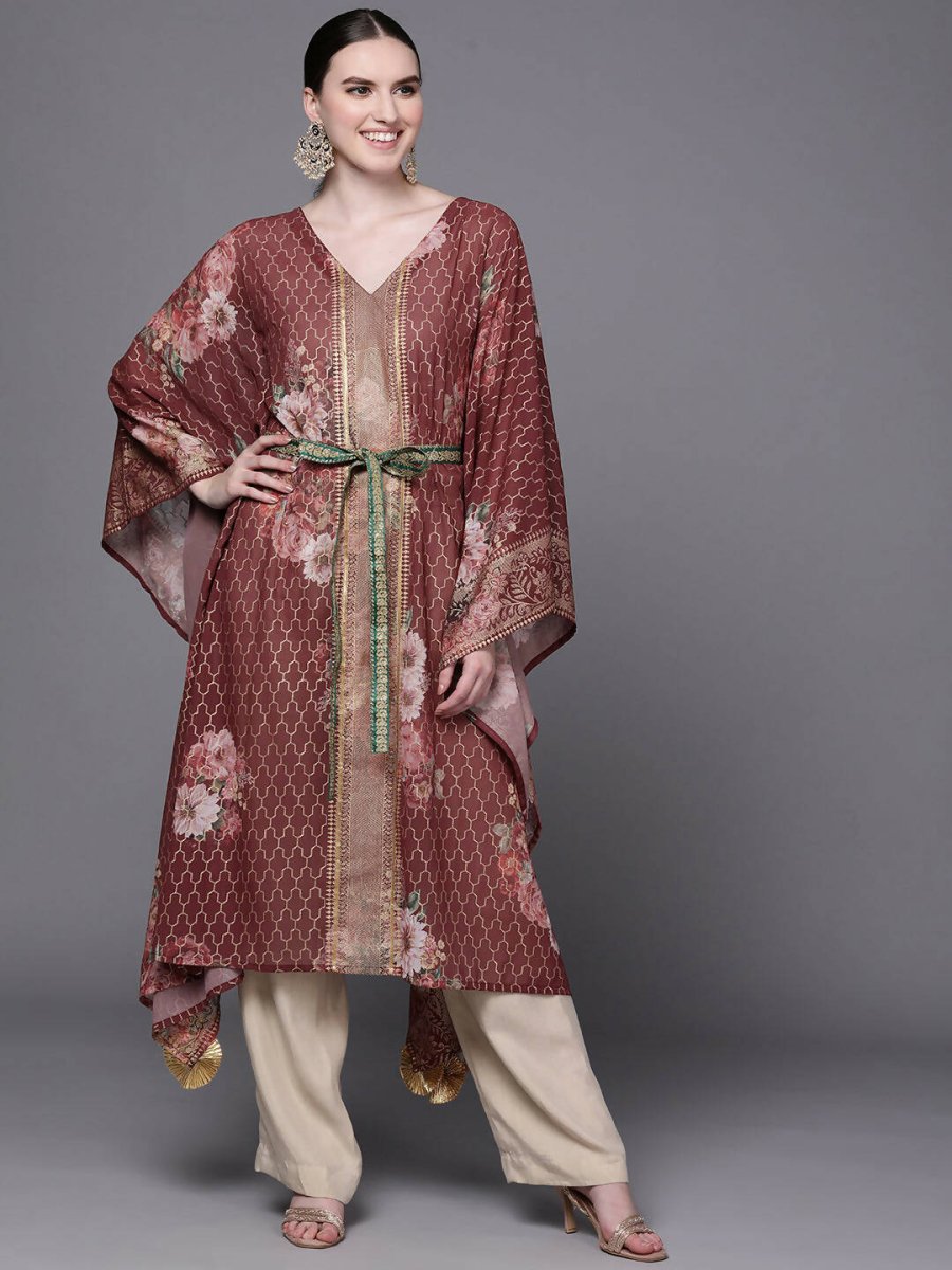 Ahalyaa Women Maroon Floral Printed Flared Sleeves Kaftan Kurta | Swadesiicart