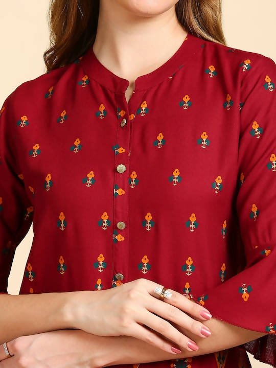 Anubhutee Maroon & Golden Printed Straight Kurti - Swadesiicart
