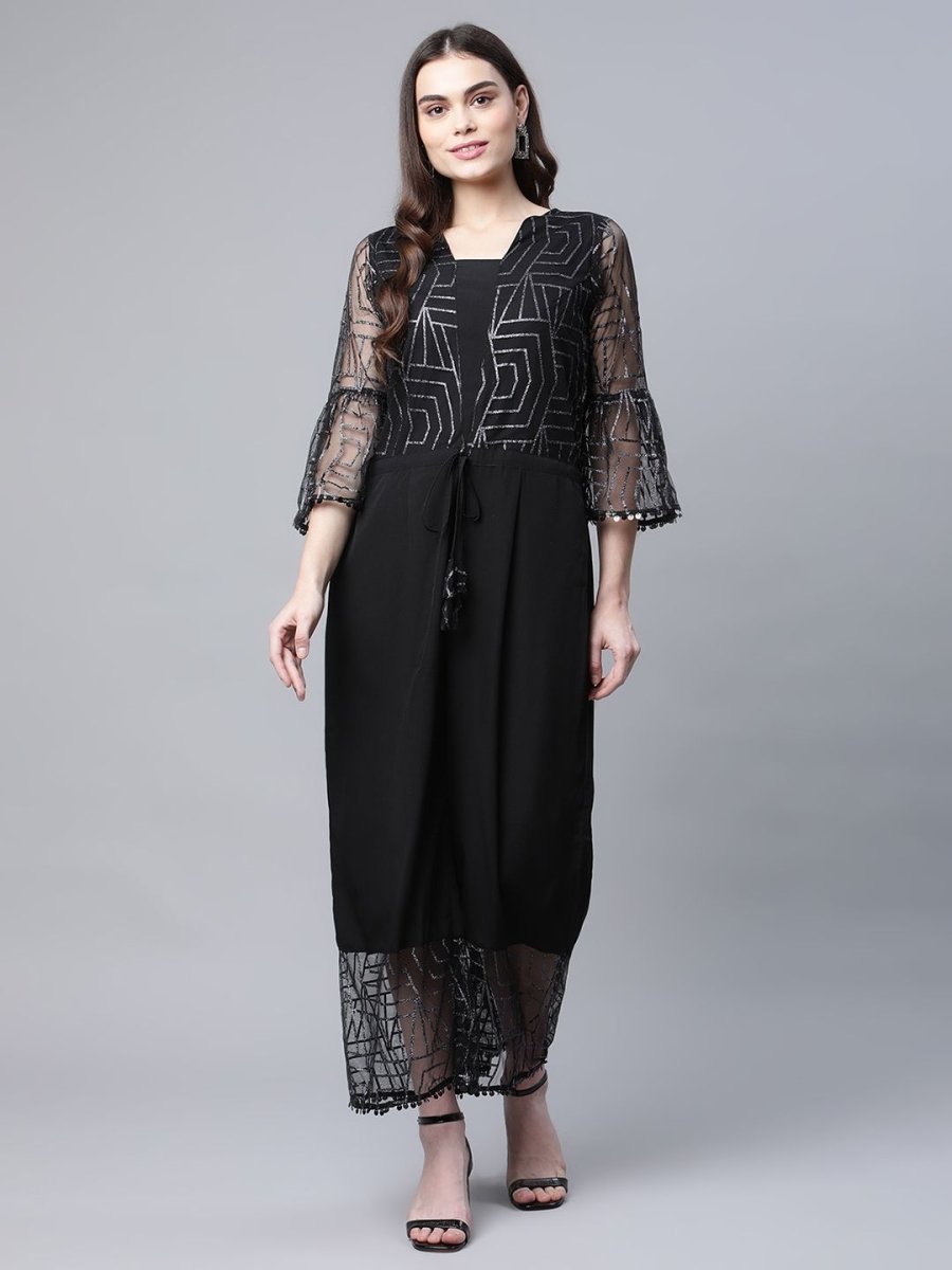 Ahalyaa Womens Crepe & Net Black Printed Jumpsuit - Swadesiicart