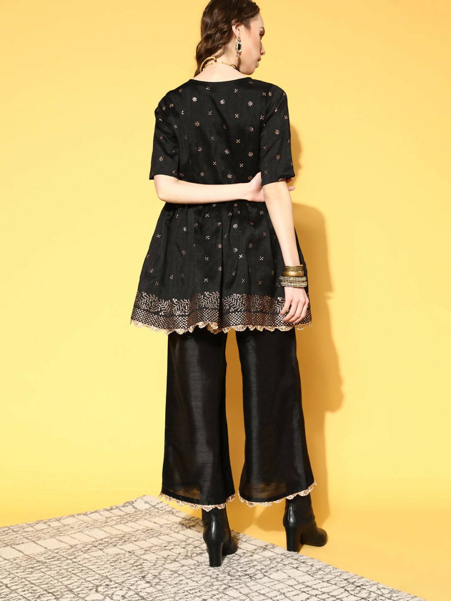 Ahalyaa Women Black Colour Poly Silk Copper Printed Top Palazzo Set | Swadesiicart