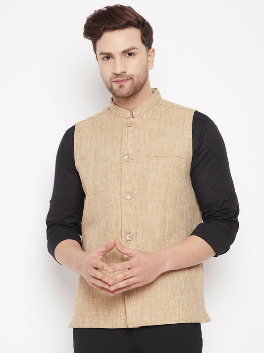 Even Apparels Beige Linen Men Woven Nehru Jacket LN719 | Swadesiicart