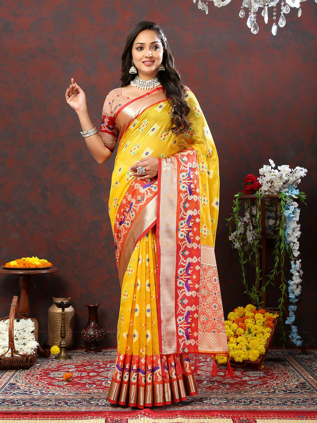 Lorenvalley Fashion Yellow Organza Silk Woven Design with Meenakari Weaving Saree - Swadesiicart