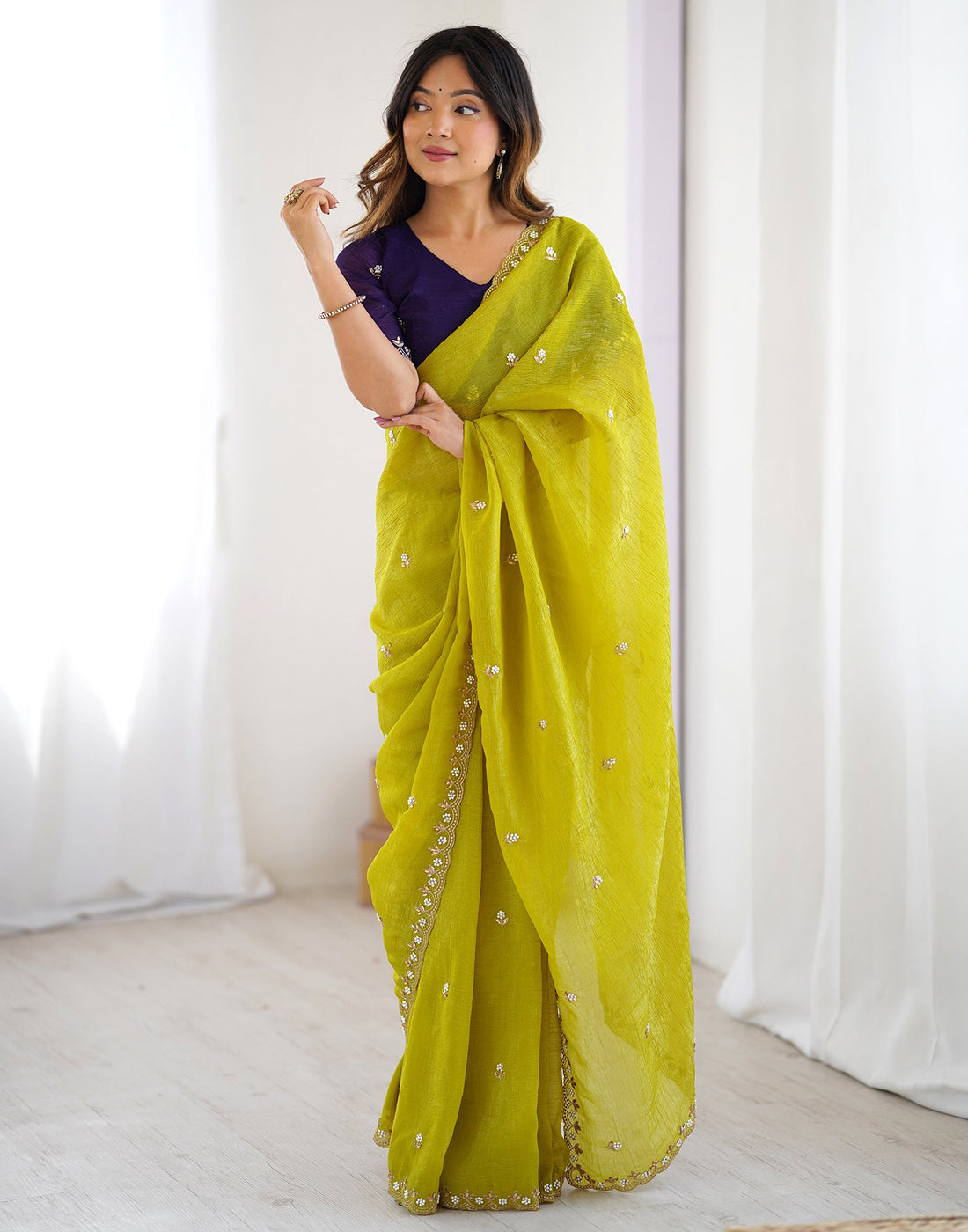 Lorenvalley Fashion Parrot Green Crunchy Silk Multi Embroidery Work Saree with Blouse - Swadesiicart