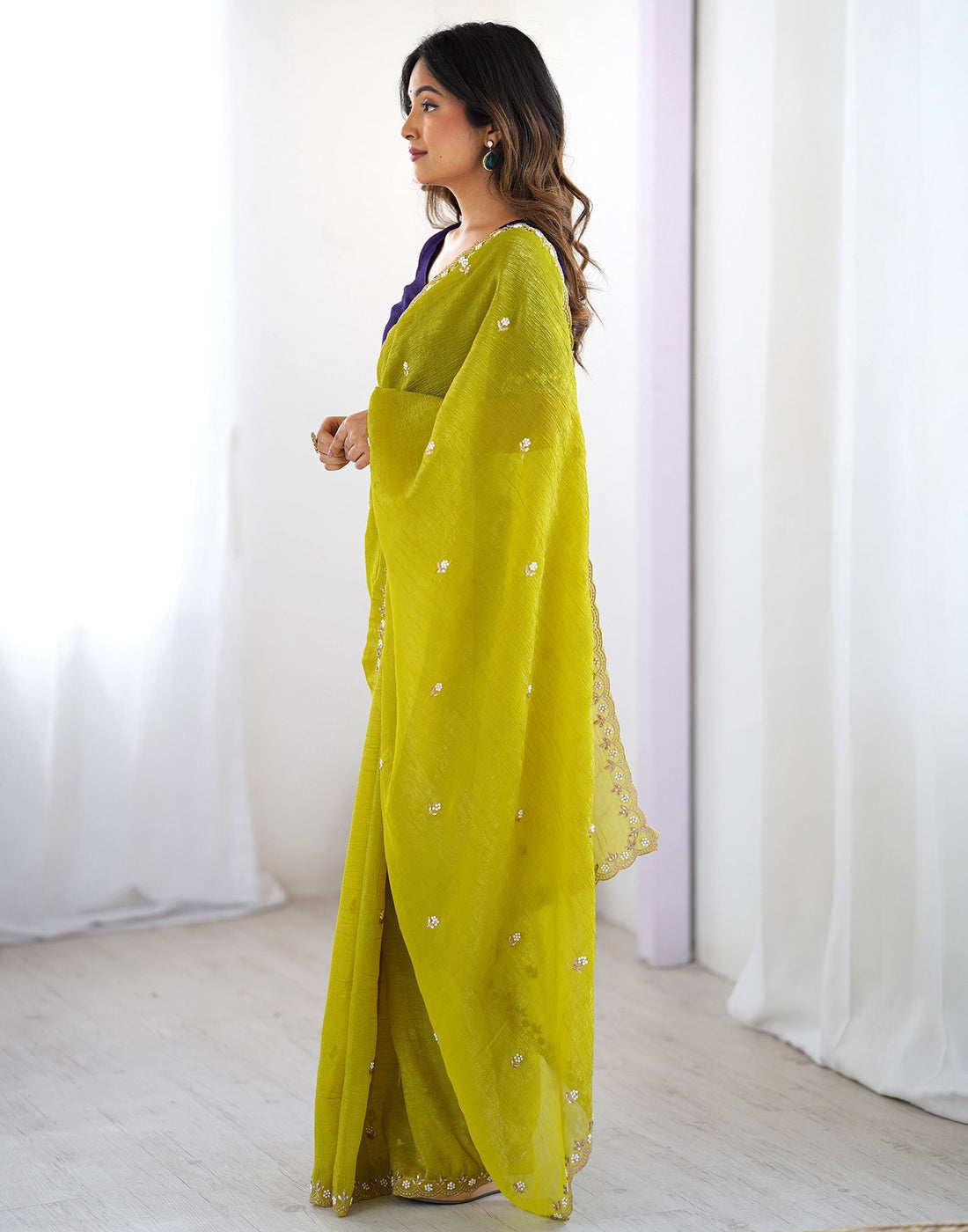 Lorenvalley Fashion Parrot Green Crunchy Silk Multi Embroidery Work Saree with Blouse - Swadesiicart