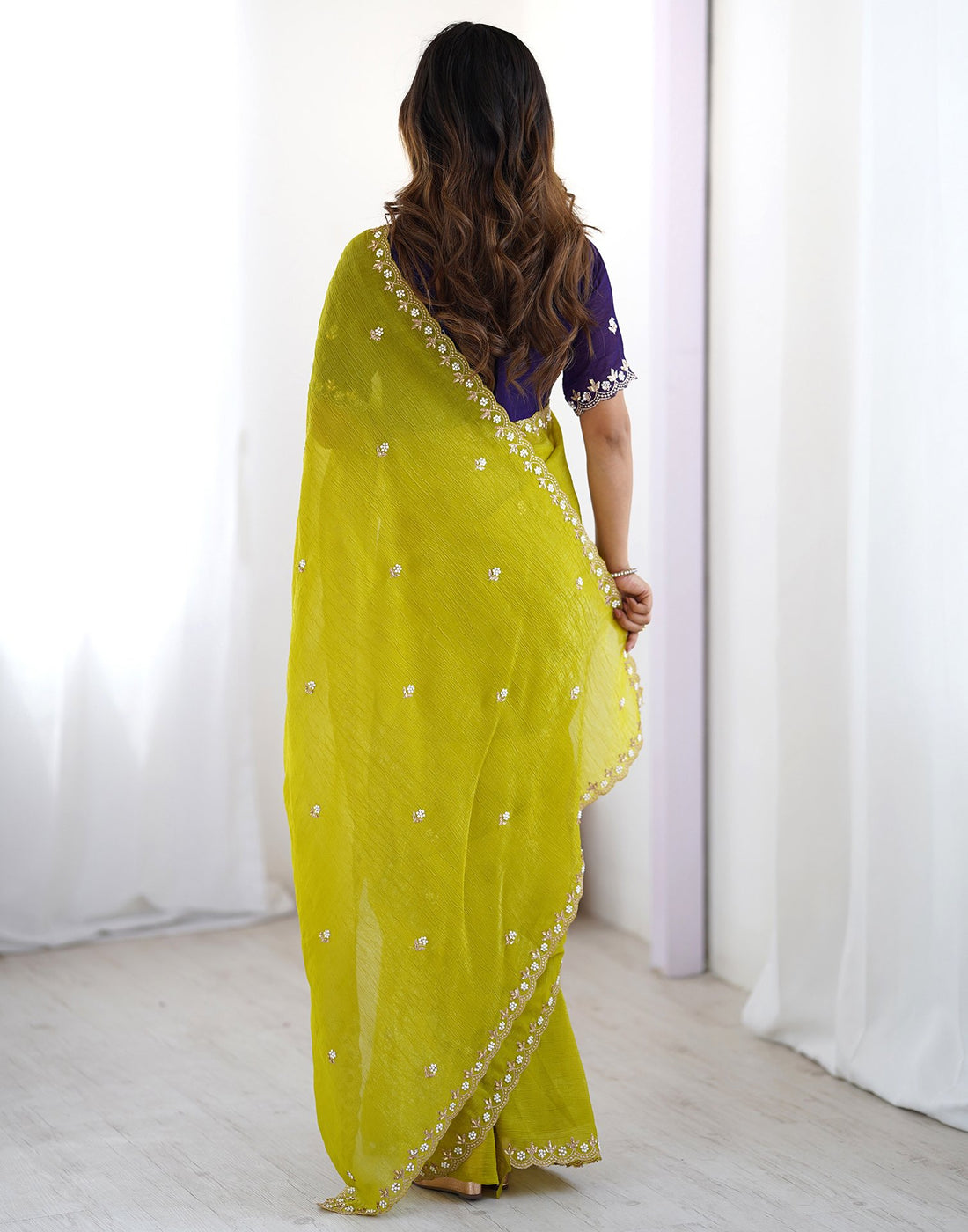Lorenvalley Fashion Parrot Green Crunchy Silk Multi Embroidery Work Saree with Blouse - Swadesiicart