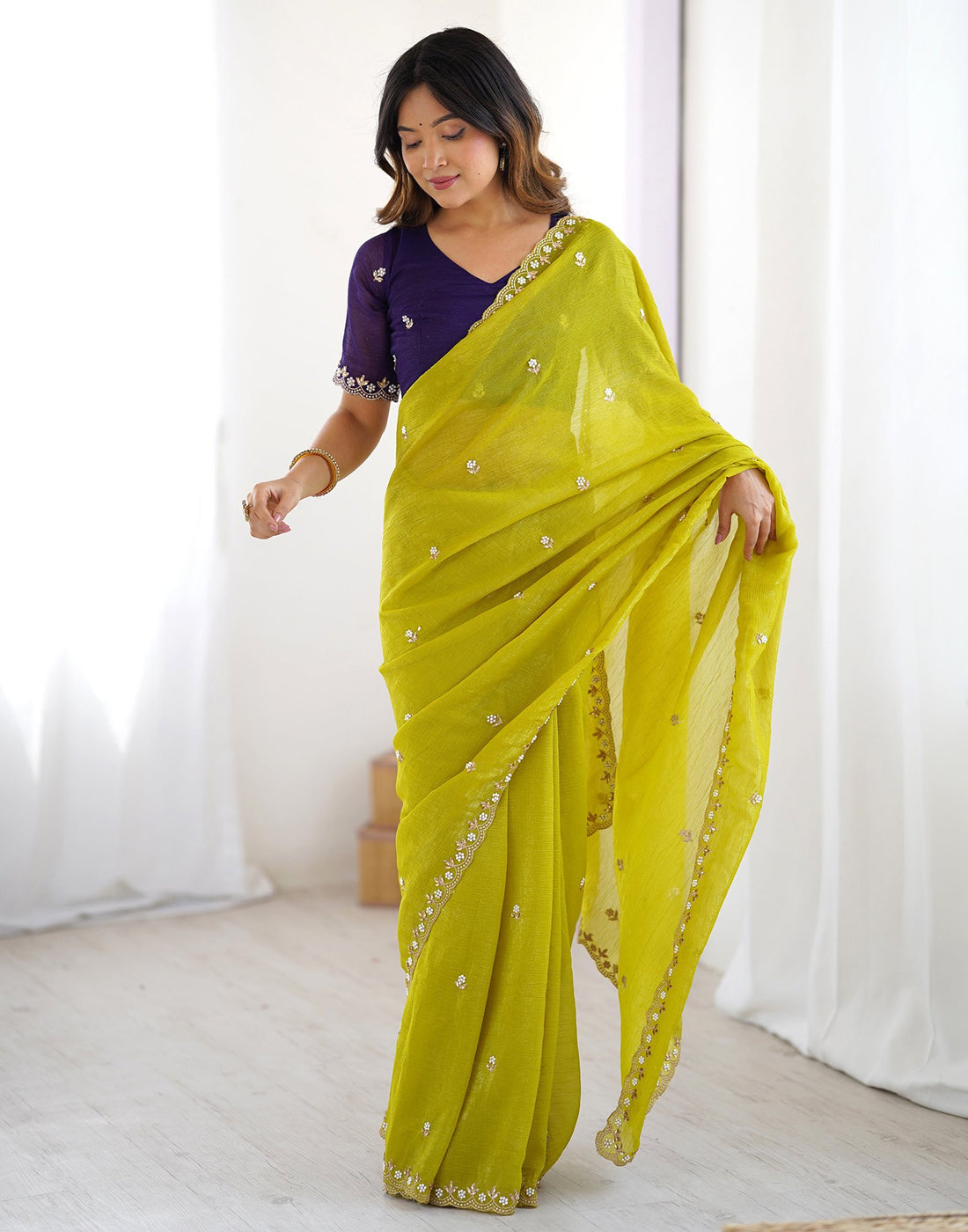 Lorenvalley Fashion Parrot Green Crunchy Silk Multi Embroidery Work Saree with Blouse - Swadesiicart
