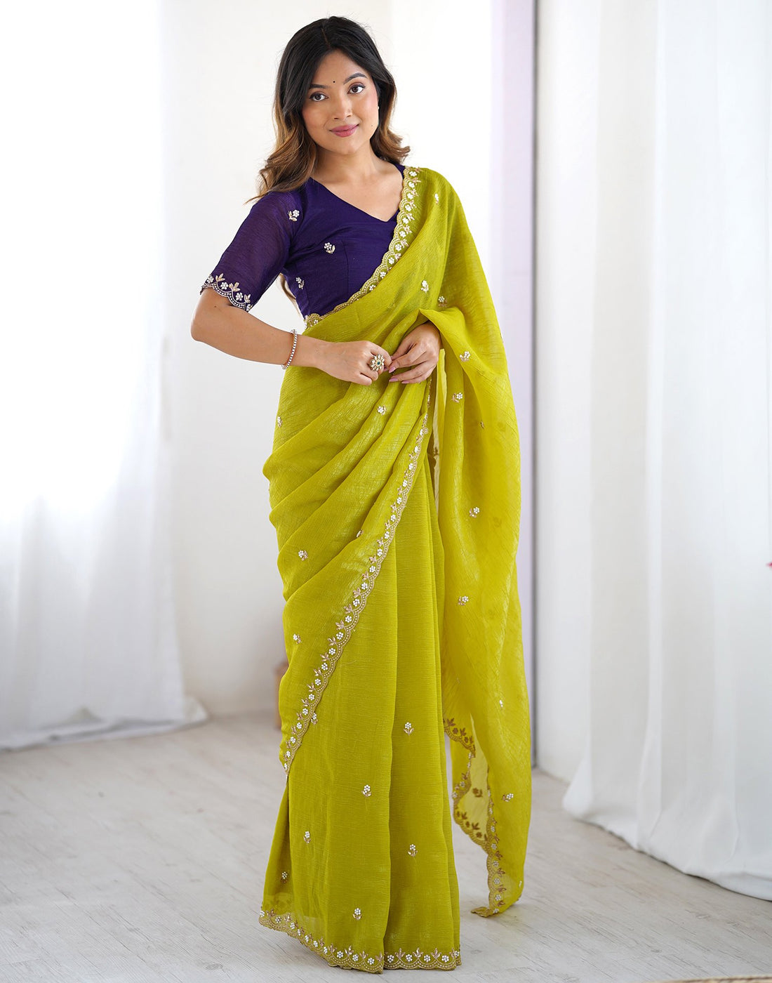 Lorenvalley Fashion Parrot Green Crunchy Silk Multi Embroidery Work Saree with Blouse - Swadesiicart
