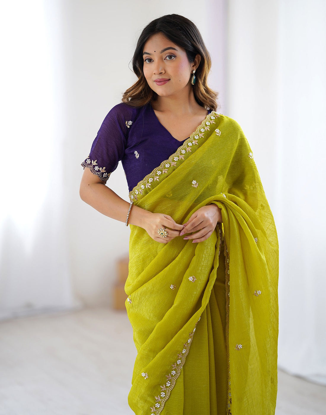 Lorenvalley Fashion Parrot Green Crunchy Silk Multi Embroidery Work Saree with Blouse - Swadesiicart