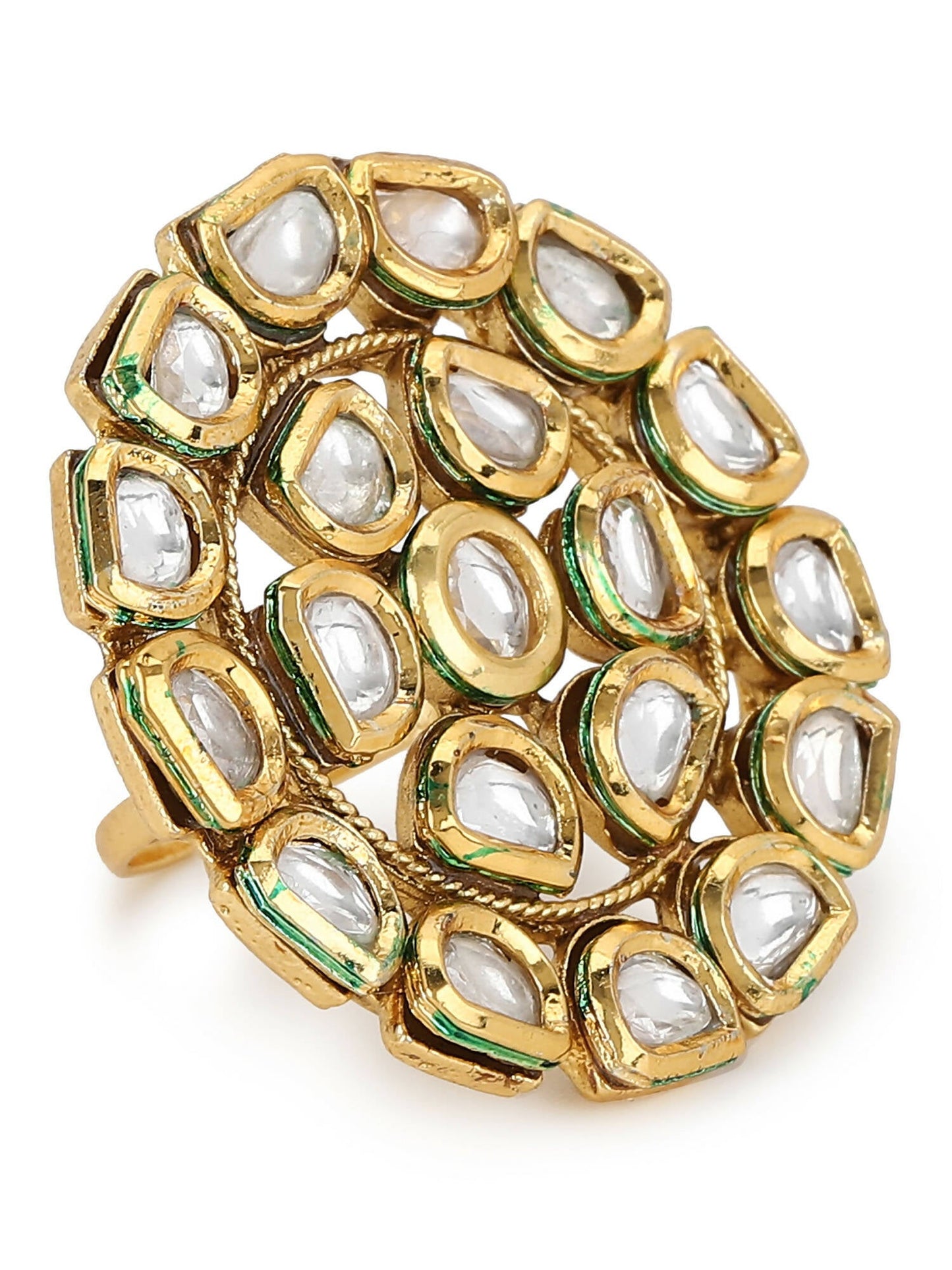 Gold-Polished White Kundan Studded Adjustable Finger Ring - Ruby Raang | Swadesiicart