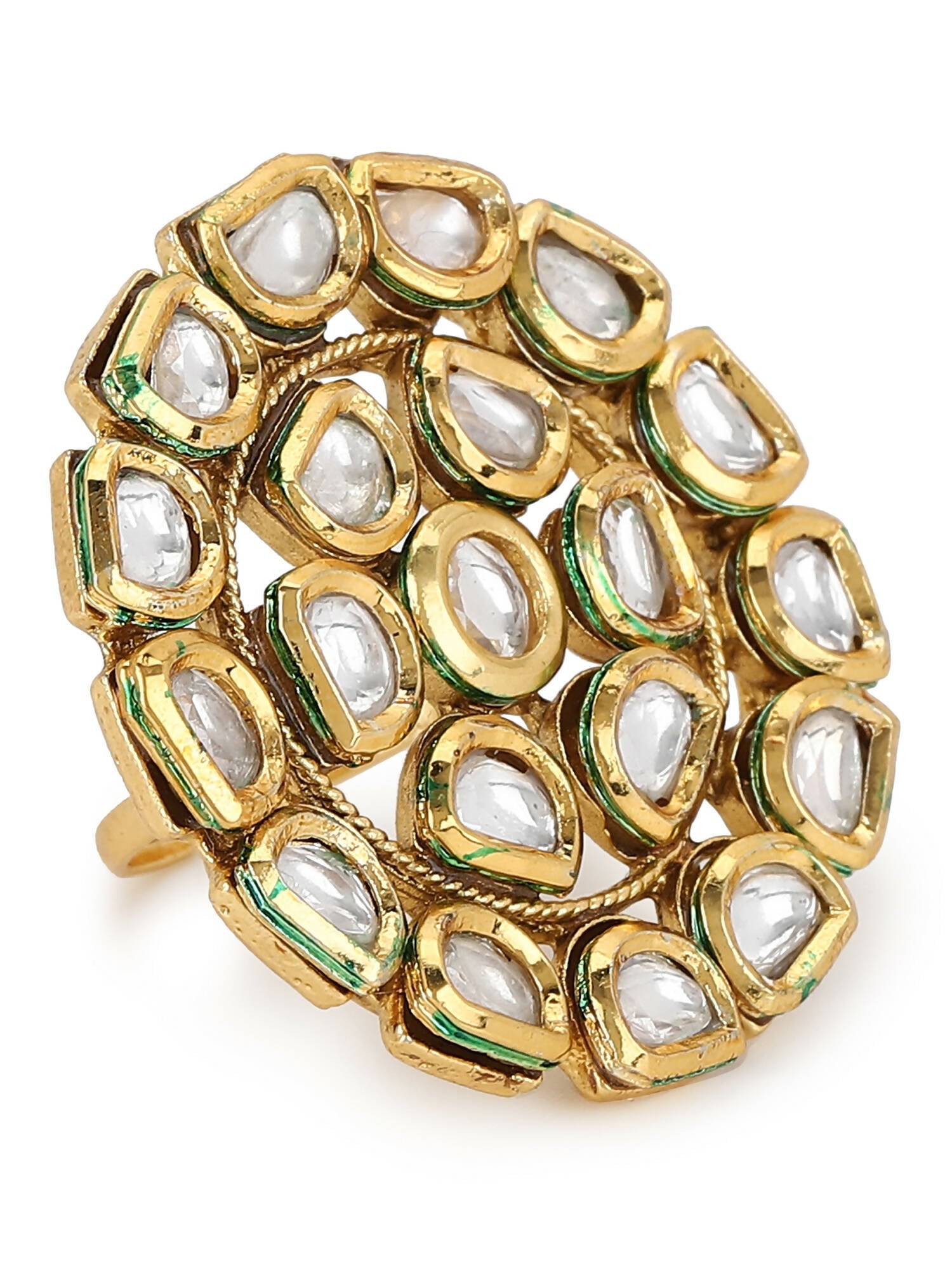 Gold-Polished White Kundan Studded Adjustable Finger Ring - Ruby Raang | Swadesiicart