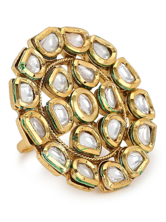 Gold-Polished White Kundan Studded Adjustable Finger Ring - Ruby Raang | Swadesiicart