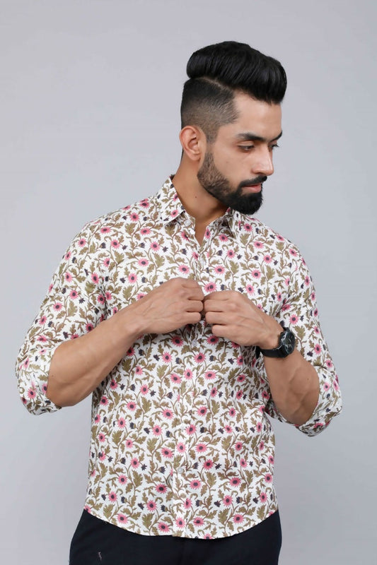 Miravan Men's Cotton Printed Full Sleeve Slim Fit Spread Neck White & Pink Colour Shirt | Swadesiicart