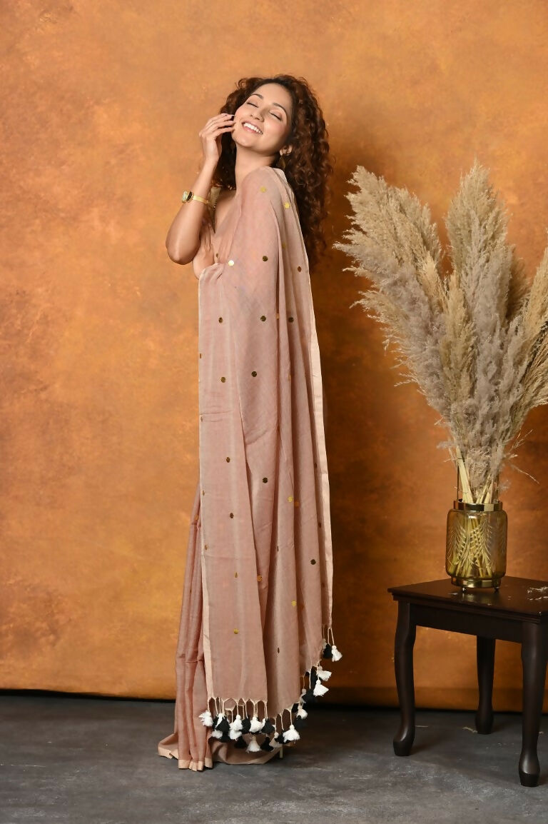 Very Much Indian Pure Mul Cotton Handloom Saree - Khakhi | Swadesiicart