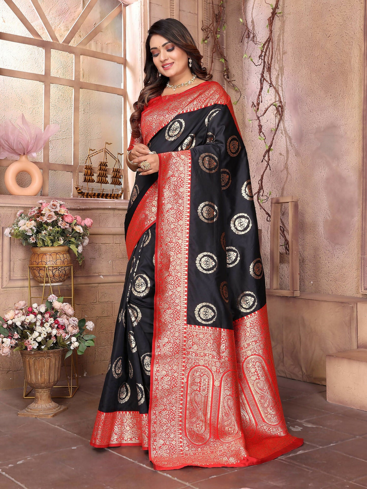 Joban Fashion Black Banarasi Soft Silk Woven Saree | Swadesiicart