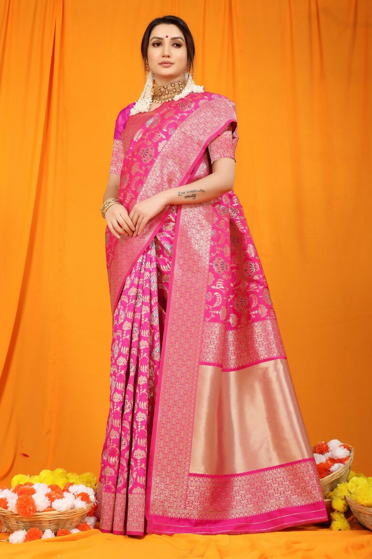 Jyoti Fashion Women's Rani Pink Kanjivaram Silk Zari Woven Saree with Blouse | Swadesiicart