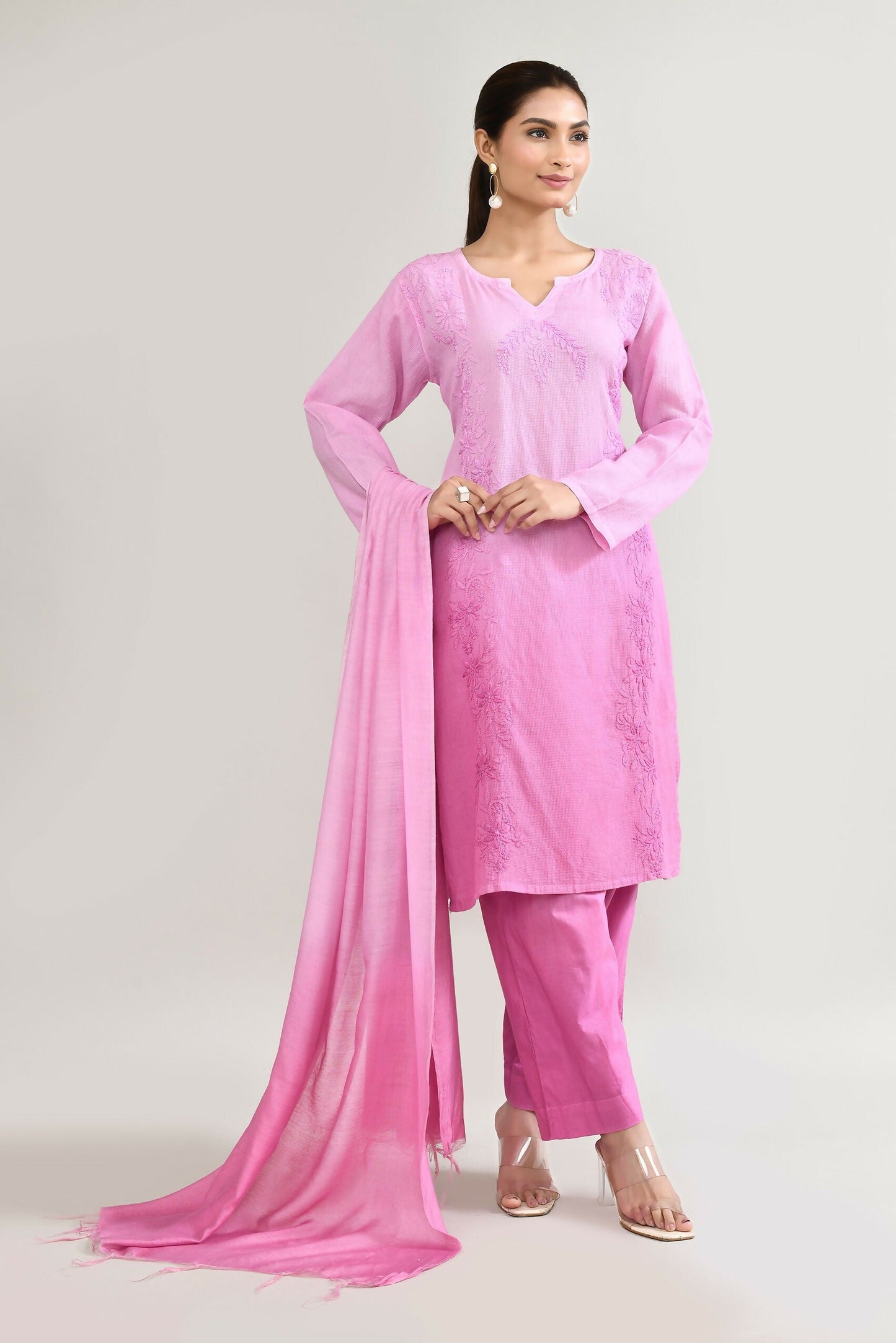Joban Fashion Womens Cotton ChikanKari Light pink Kurta set - Swadesiicart