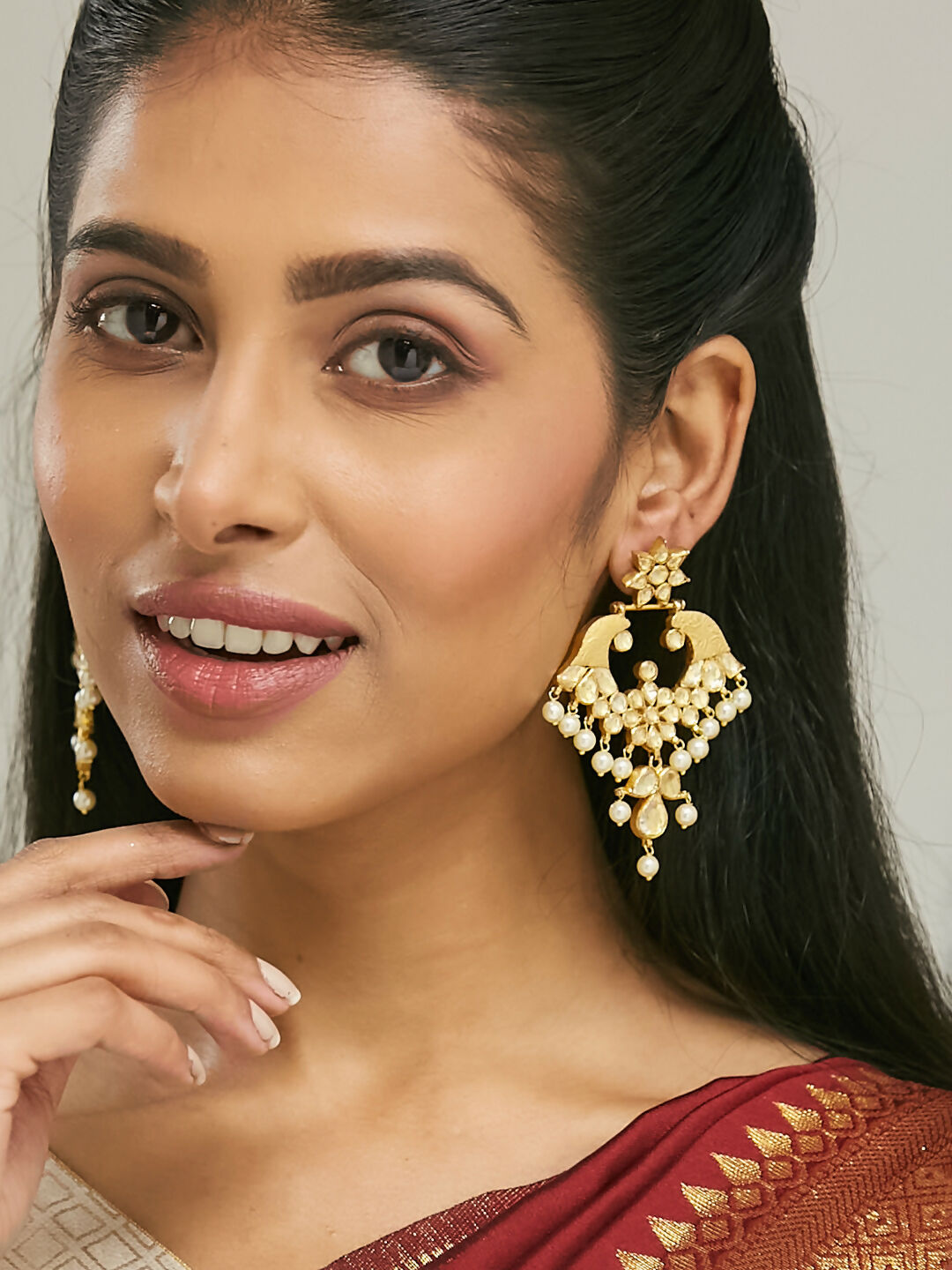 Nuyug 22K Gold-Plated Kundan and Pearl Earrings with Floral Stud and Intricate Crescent Design Chandbalis | Swadesiicart