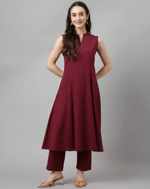 FIORRA Women's Maroon Rayon Silk A-Line Kurta Set - Swadesiicart